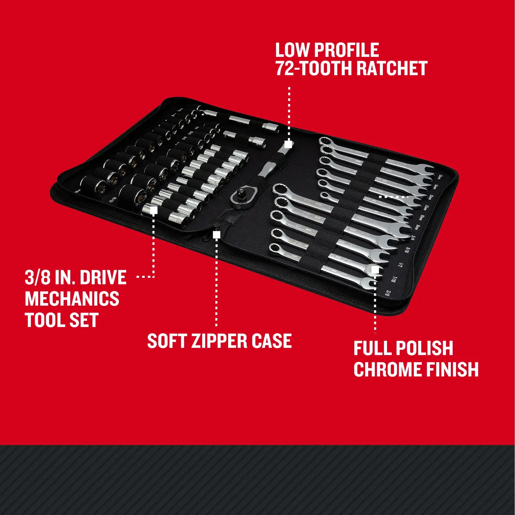 CRAFTSMAN Low Profile 47 piece 3/8 inch drive MOBILE MECHANICS TOOL SET with features and benefits highlighted