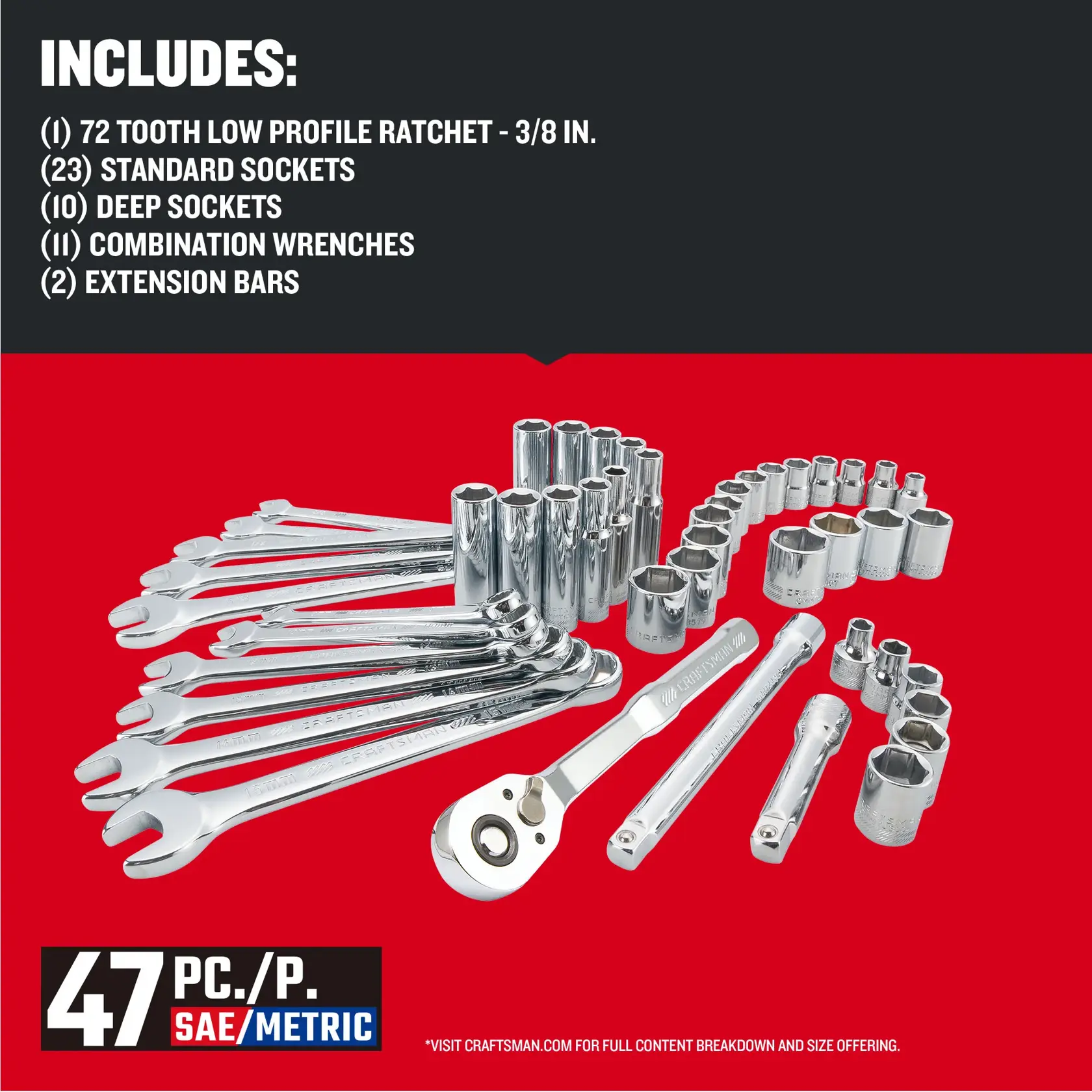 CRAFTSMAN Low Profile  47 piece 3/8 inch drive MOBILE MECHANICS TOOL SET with contents list