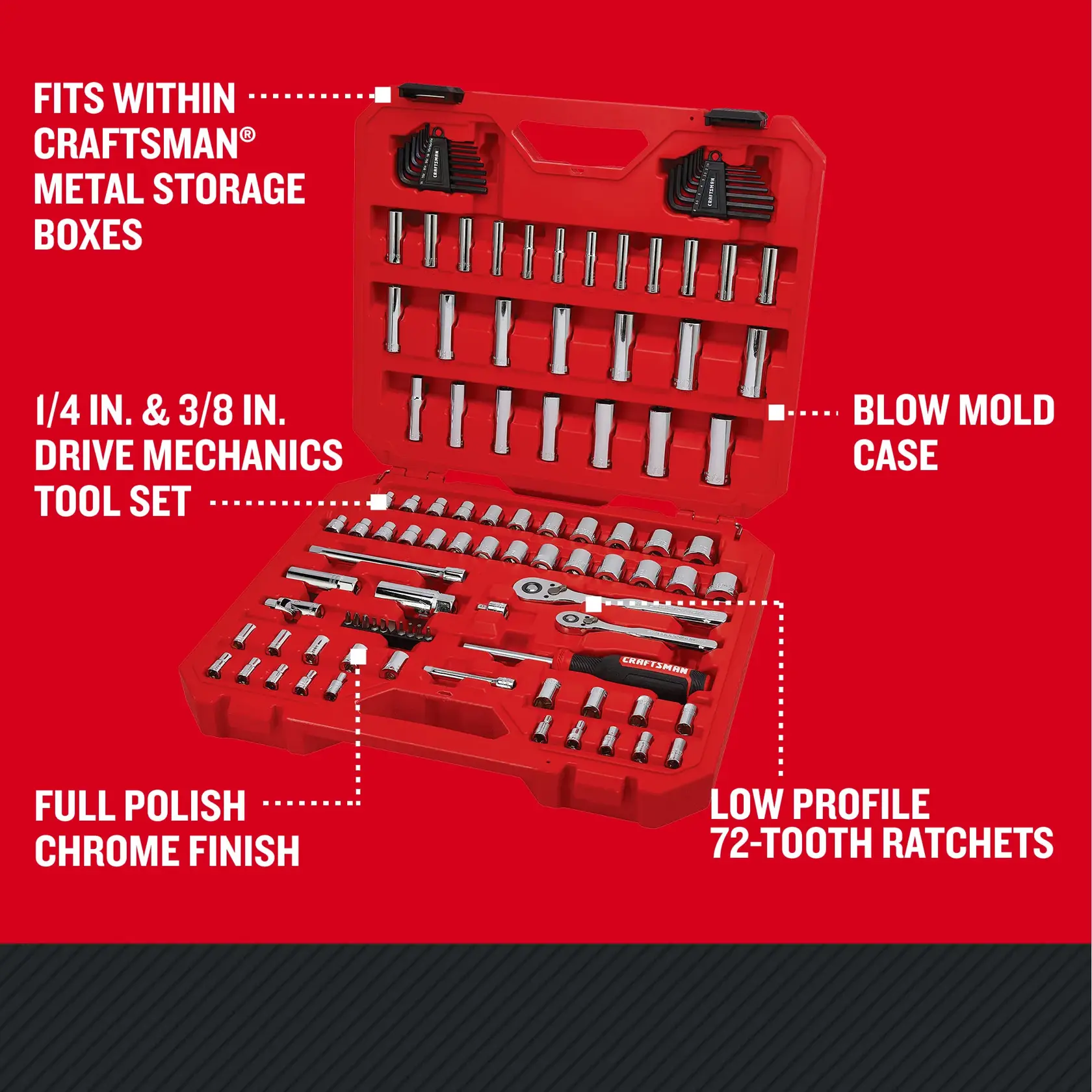 CRAFTSMAN Low Profile 105 piece MECHANICS TOOL SET with features and benefits highlighted