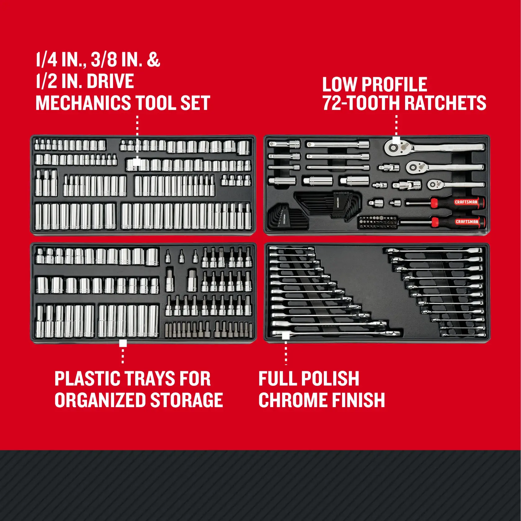 CRAFTSMAN Low Profile 298 piece MASTER MECHANICS TOOL SET with features and benefits highlighted