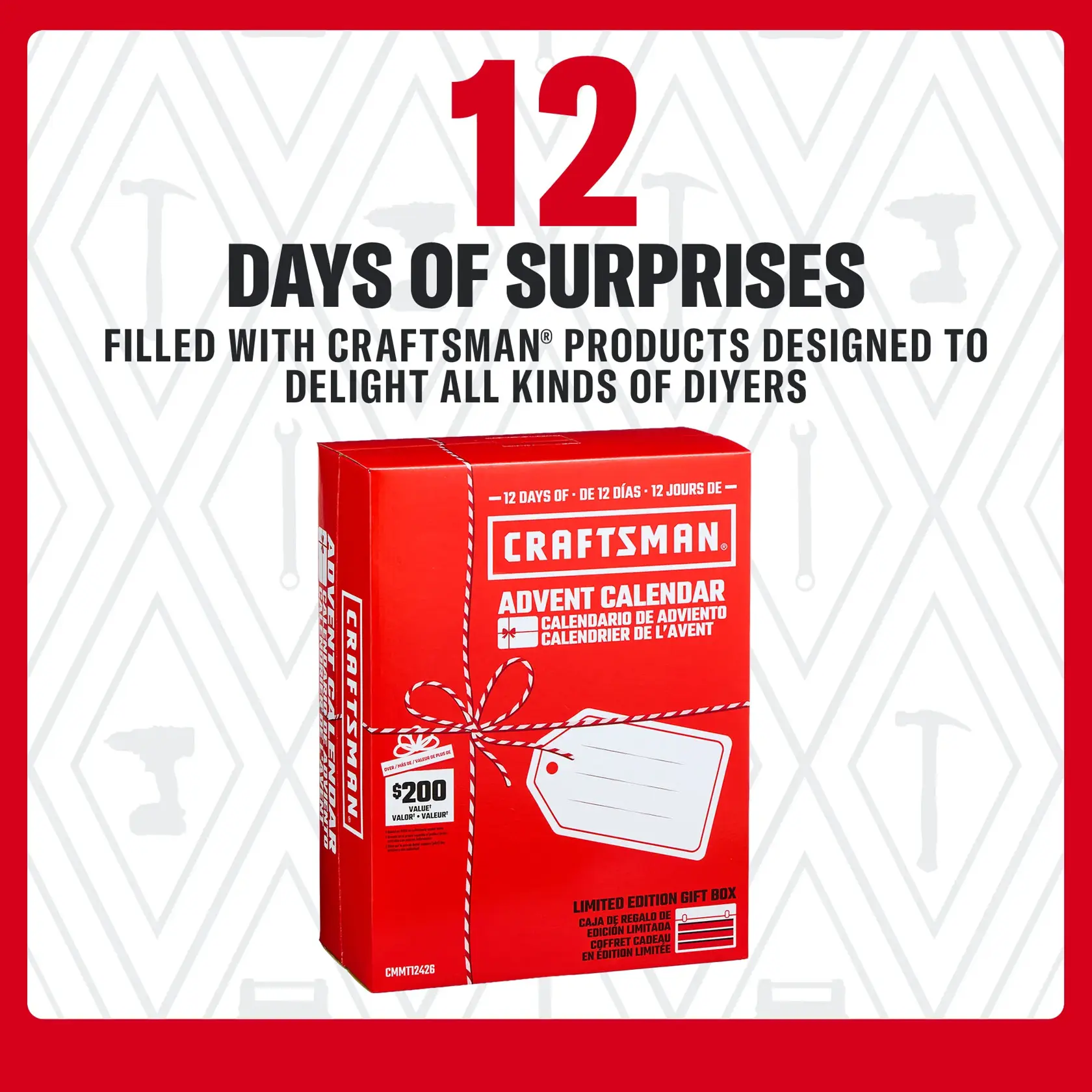 CRAFTSMAN Advent Calendar gift box with 12 days of surprises for DIYers, red packaging and festive design.