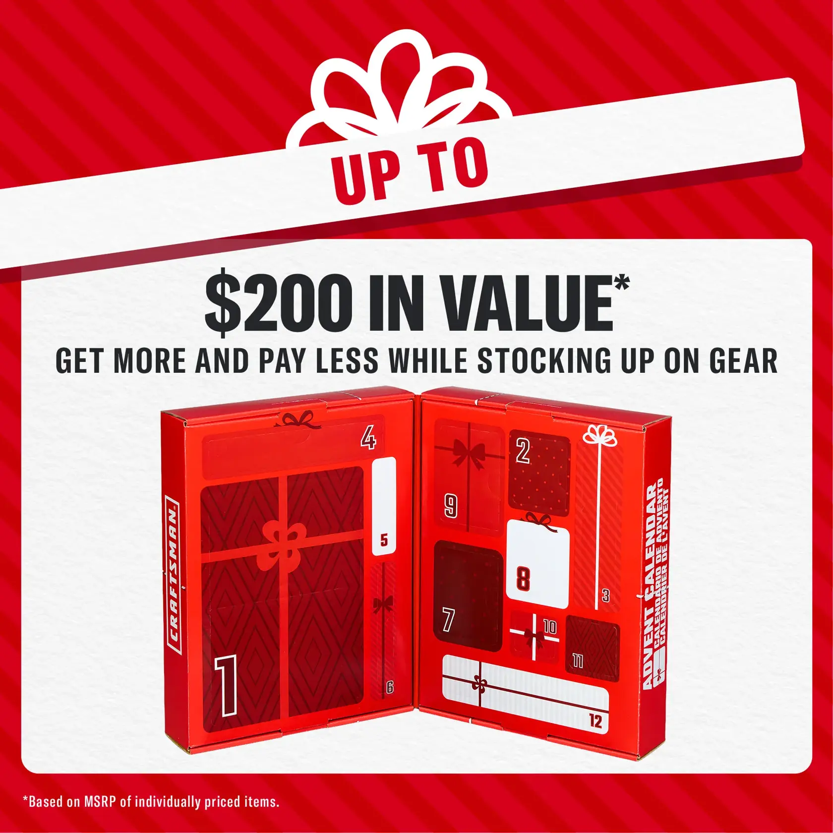 CRAFTSMAN Advent calendar with gift boxes, offering up to $200 in value. Text promotes savings on gear.