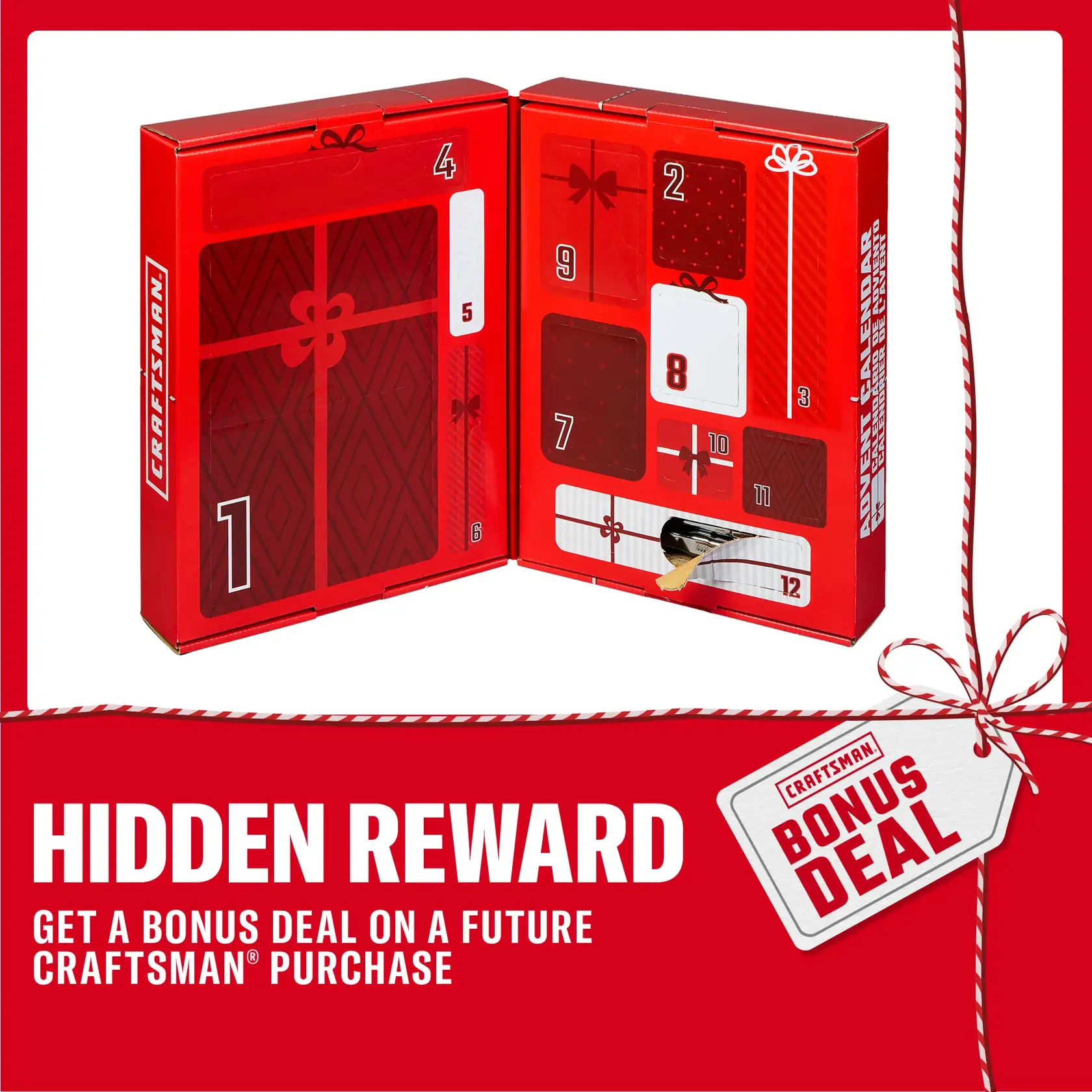 CRAFTSMAN advent calendar with numbered doors and bonus deal offer for future purchase. Red holiday-themed design.