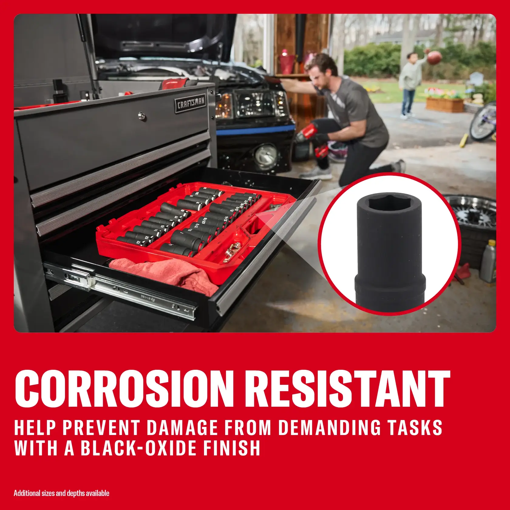 CRAFTSMAN graphics, drawer with tools. Corrosion resistant. SKUs: 0-29-808, CMMT16997, CMMT16893, CMMT16175, CMMT16899