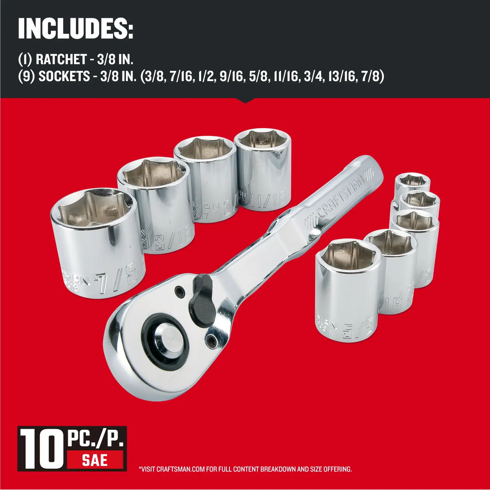 CRAFTSMAN Low Profile 10 piece SMALL MECH SET 3/8 DRIVE SAE with contents list