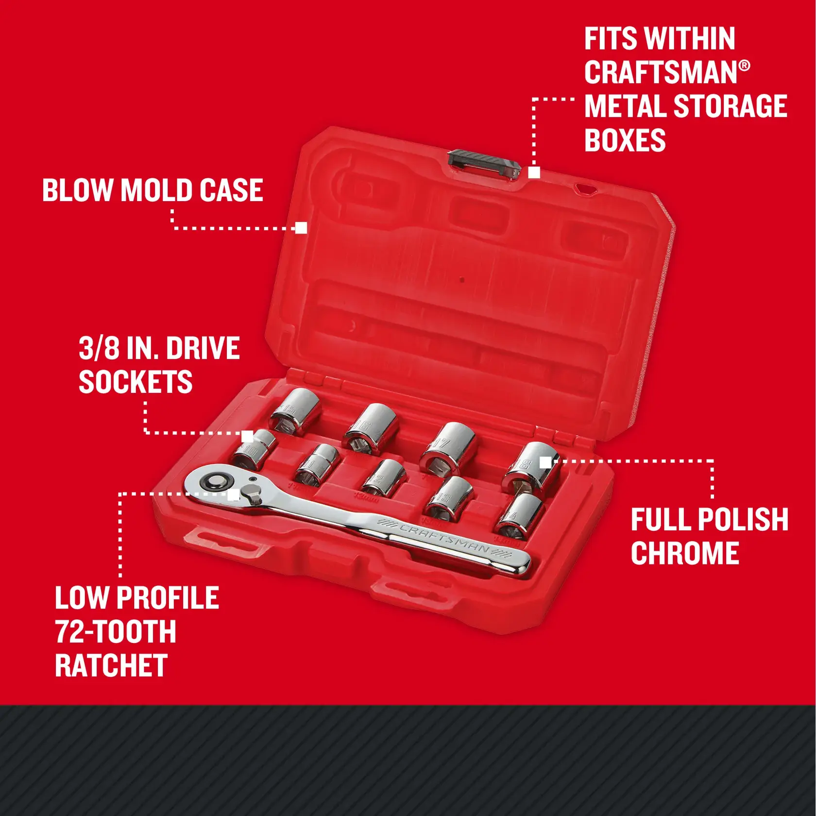CRAFTSMAN Low Profile 10 piece SMALL MECH SET 3/8 DRIVE METRIC with features and benefits highlighted