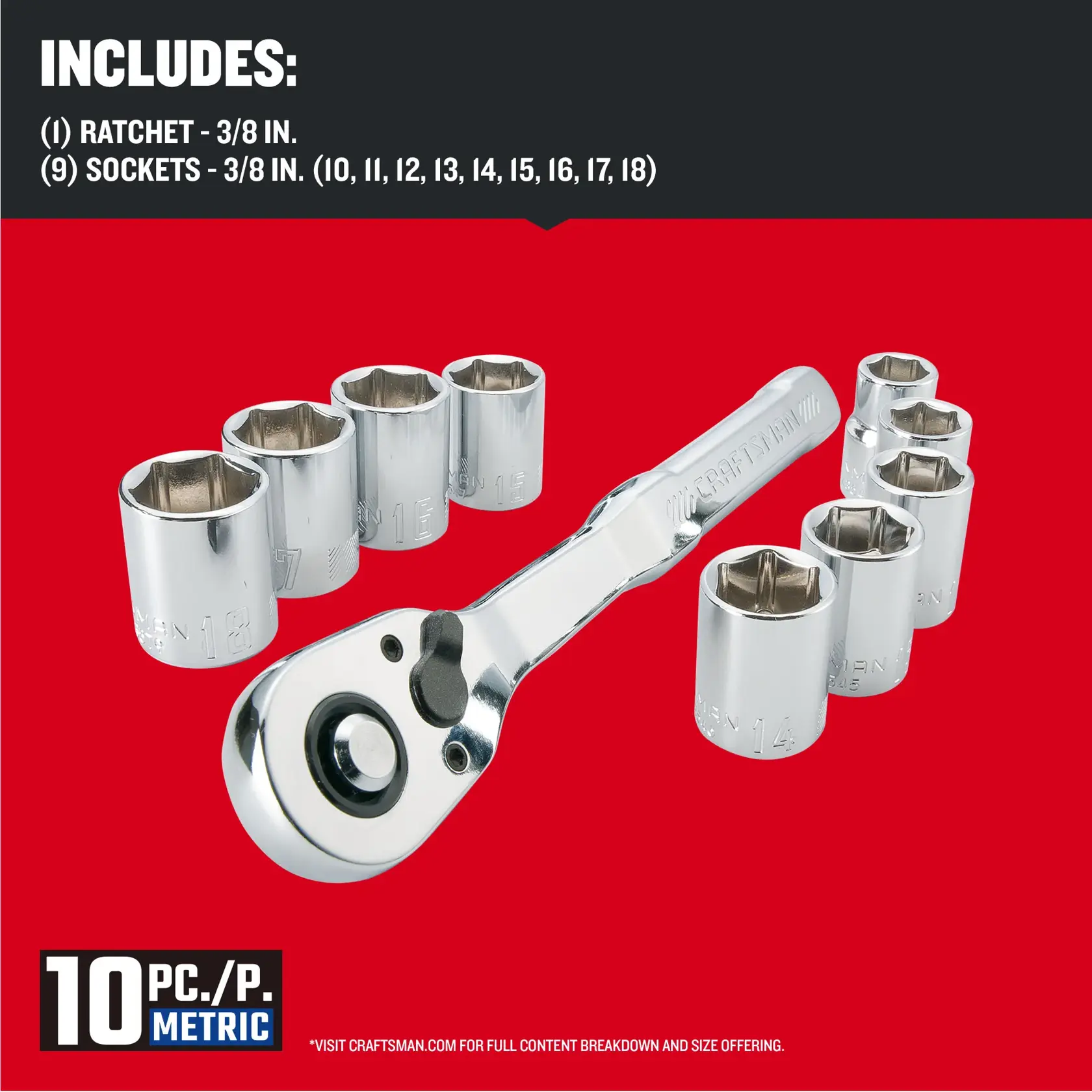 CRAFTSMAN Low Profile 10 piece SMALL MECH SET 3/8 DRIVE METRIC with contents list