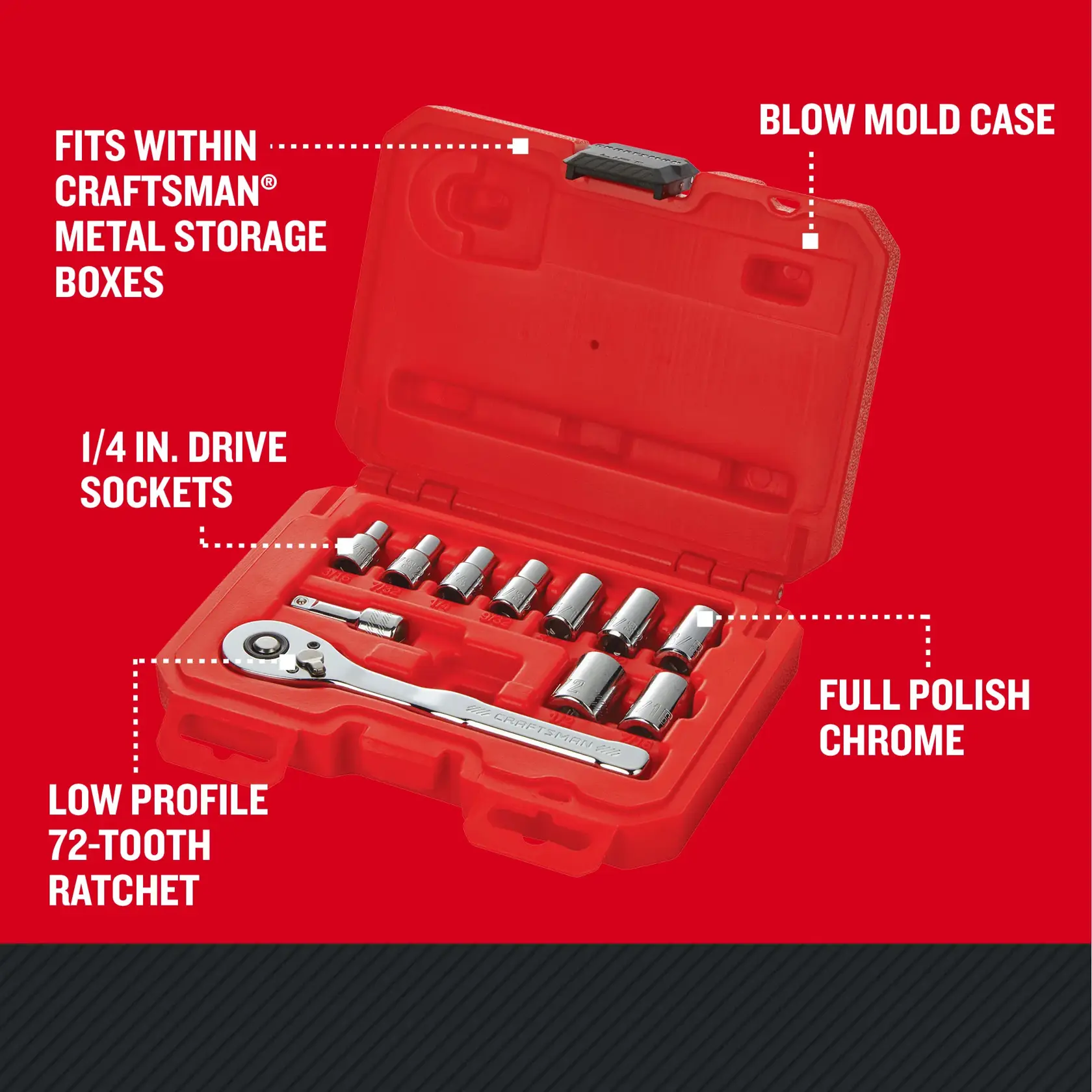 CRAFTSMAN Low Profile 11 piece SMALL MECH SET 1/4 DRIVE METRIC with features and benefits highlighted