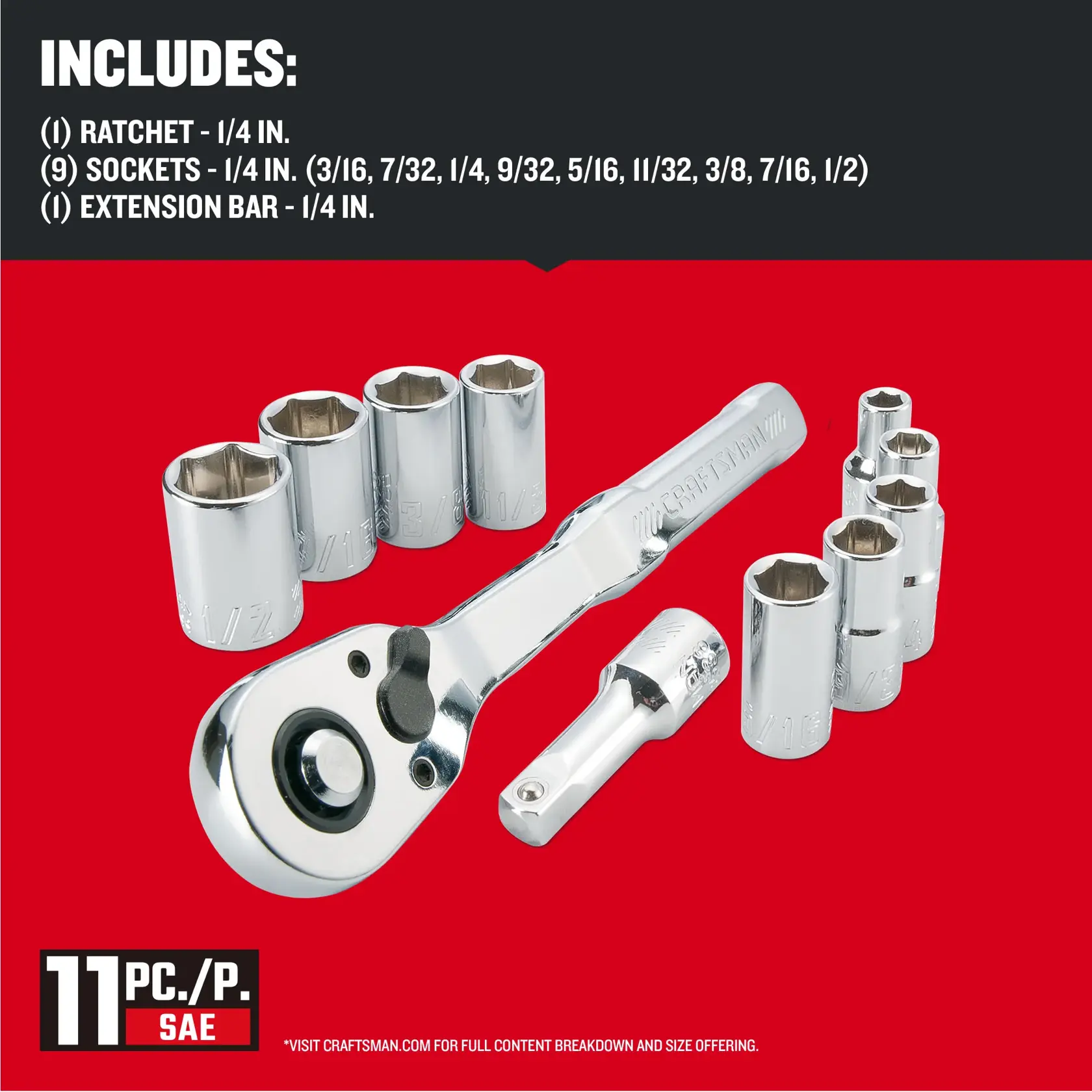 CRAFTSMAN Low Profile 11 piece SMALL MECH SET 1/4 DRIVE METRIC with contents list