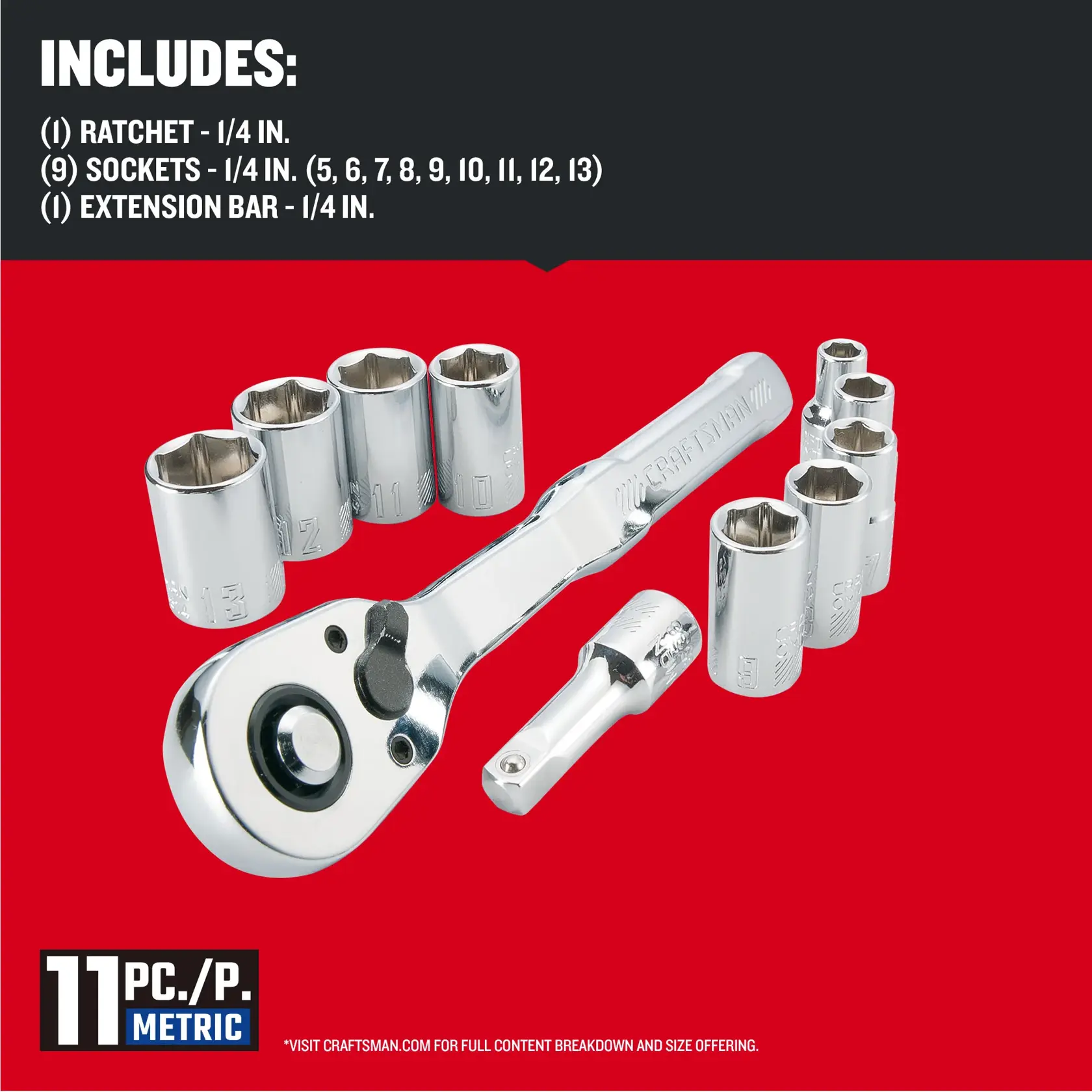 CRAFTSMAN Low Profile 11 piece SMALL MECH SET 1/4 DRIVE SAE with contents list