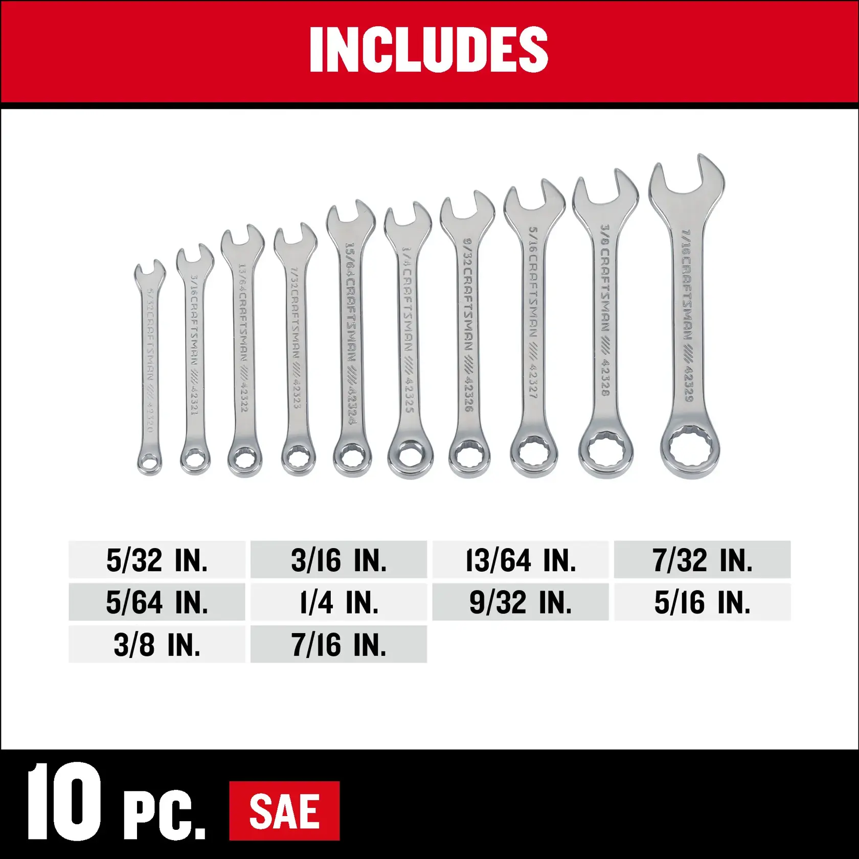CRAFTSMAN CMMT42319 10 Piece Standard (SAE) Stubby Combination Wrench Set F+B