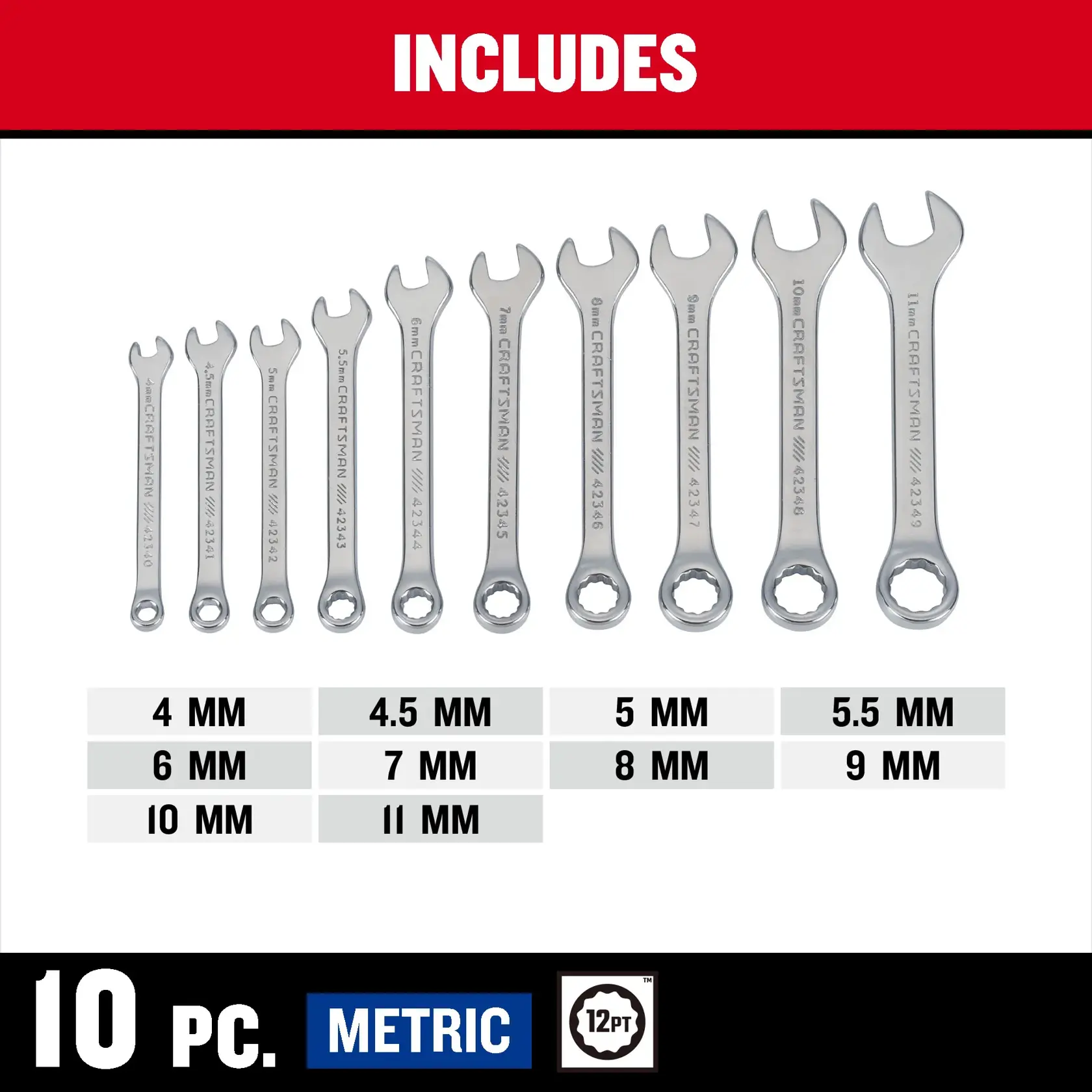 CRAFTSMAN CMMT42339 10 Piece Metric Stubby Combination Wrench Set F+B 