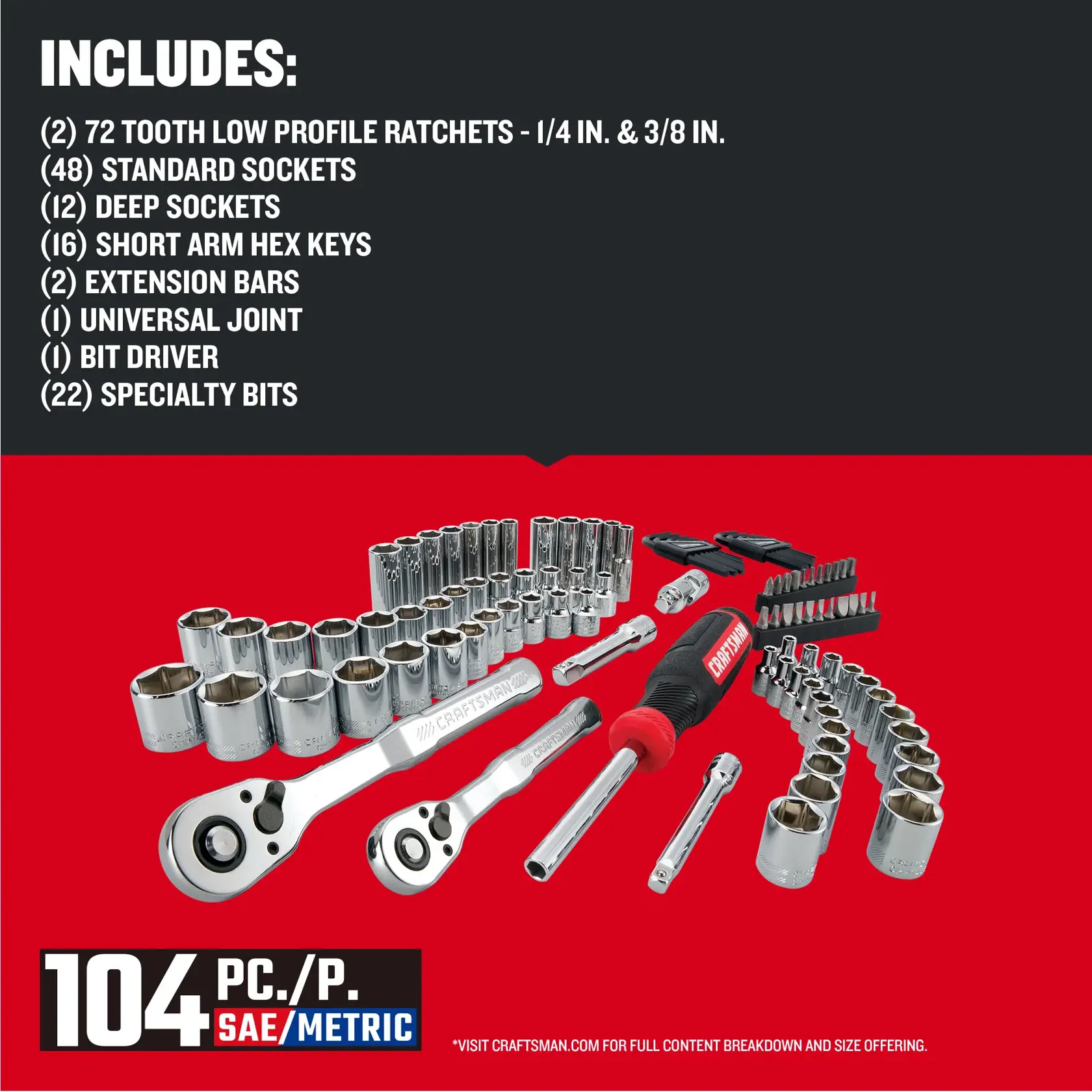 CRAFTSMAN Low Profile 104PC MECHANIC TOOL SET with contents list