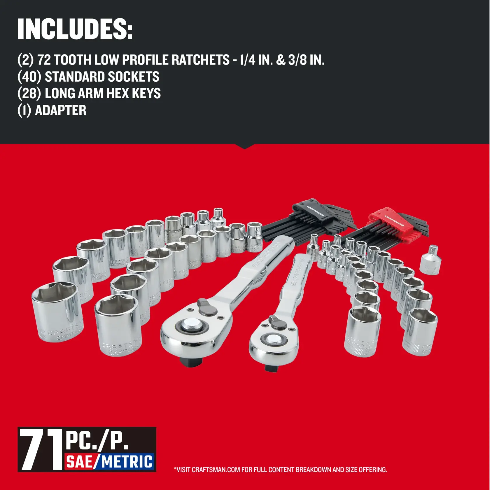 CRAFTSMAN Low Profile 71 piece Mechanics Tool Set with features and benefits highlighted