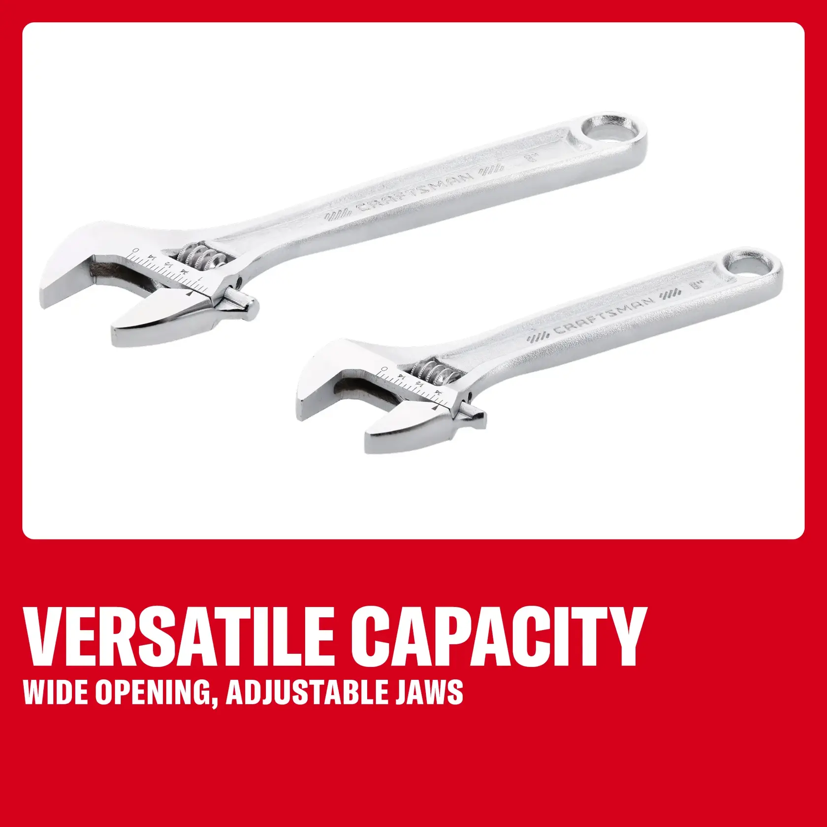 Two CRAFTSMAN adjustable wrenches with wide opening jaws shown on a white background with red border.