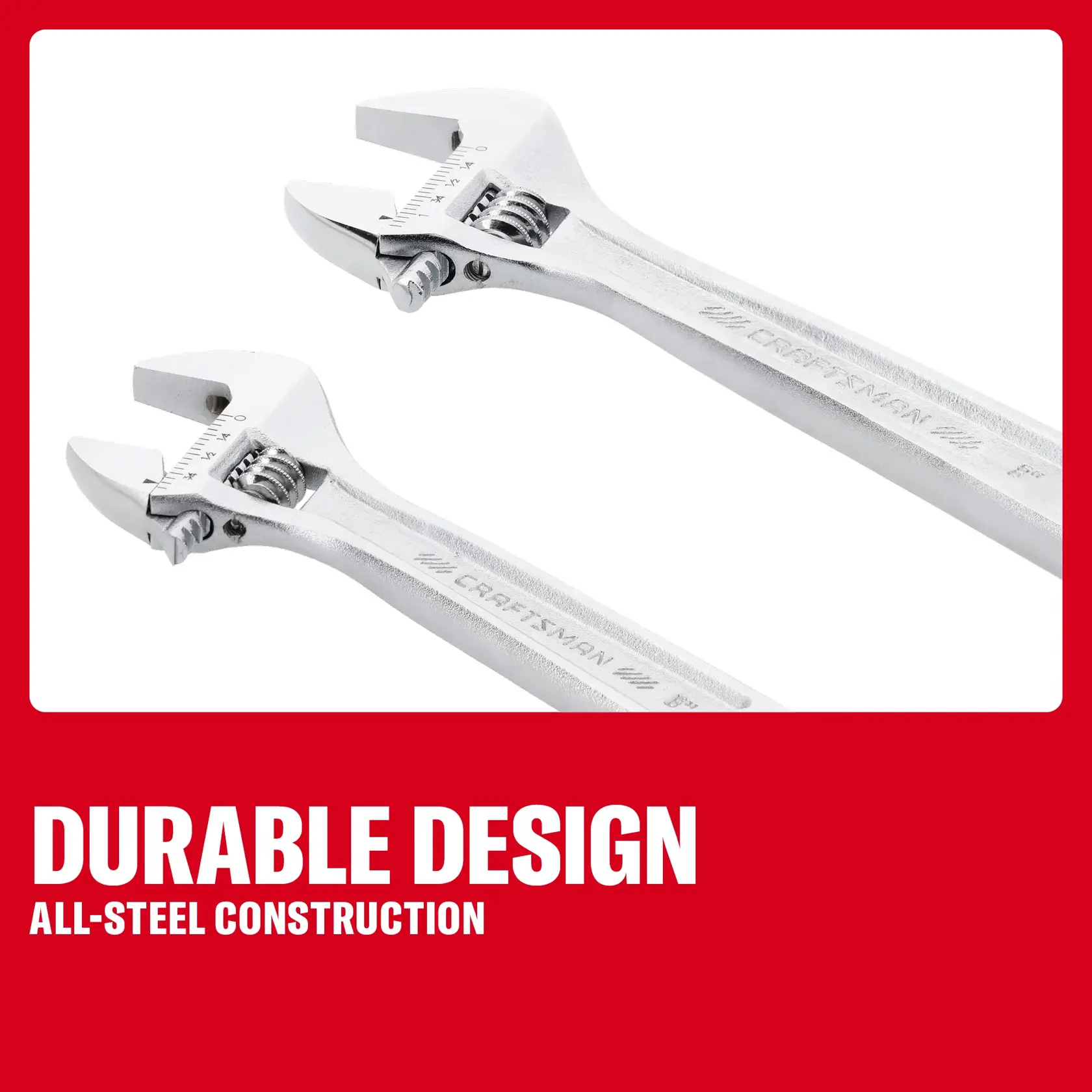 Two CRAFTSMAN adjustable steel wrenches with durable design text on a red and white background.