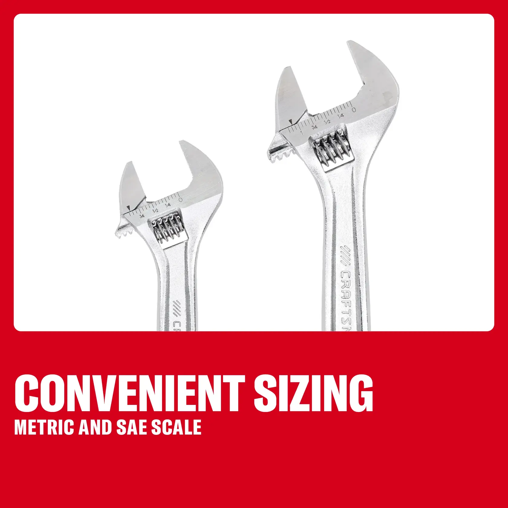 Two CRAFTSMAN adjustable wrenches with metric and SAE scale, shown on a red background.