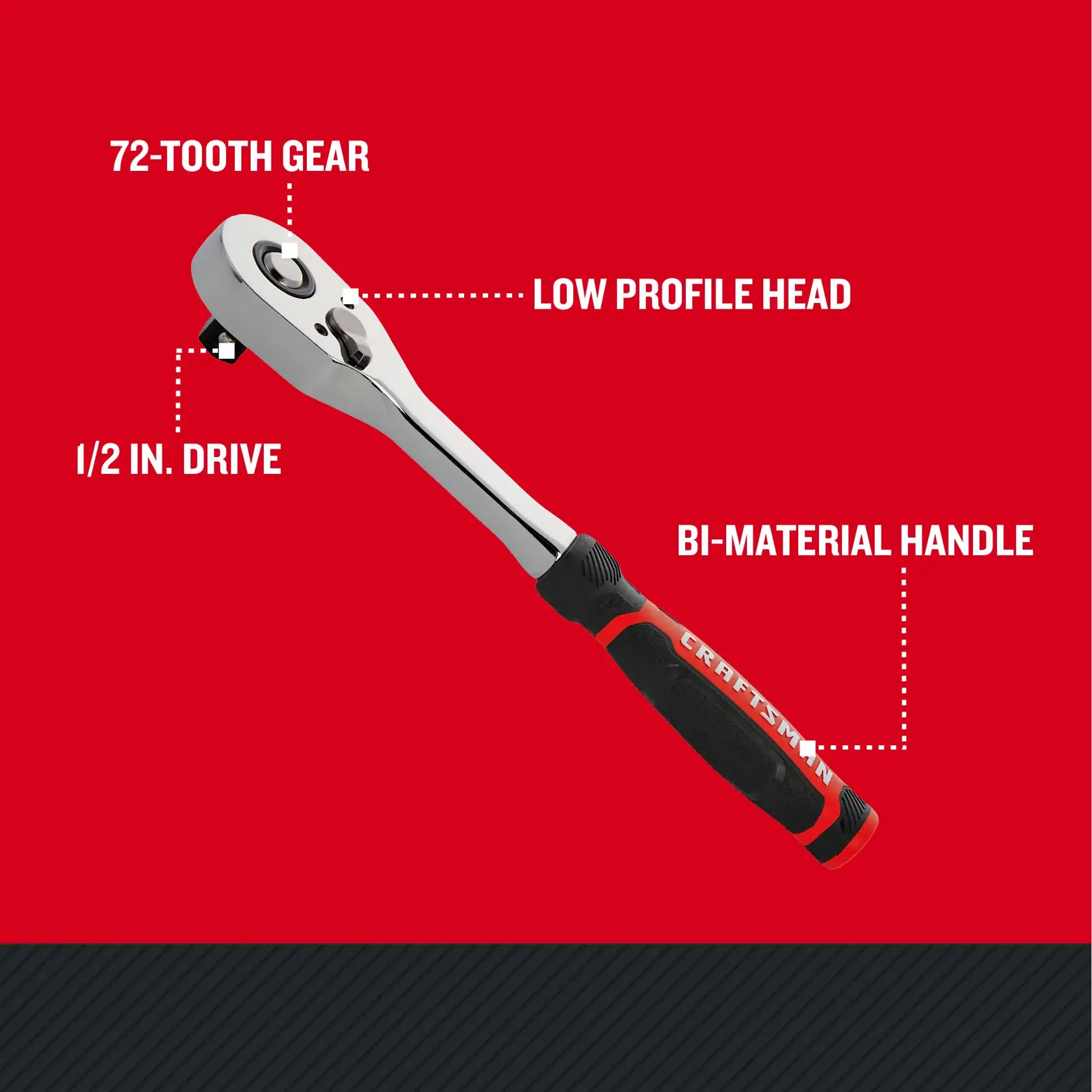 CRAFTSMAN Low Profile 1/2" DRIVE ERGO RATCHET with features and benefits highlighted