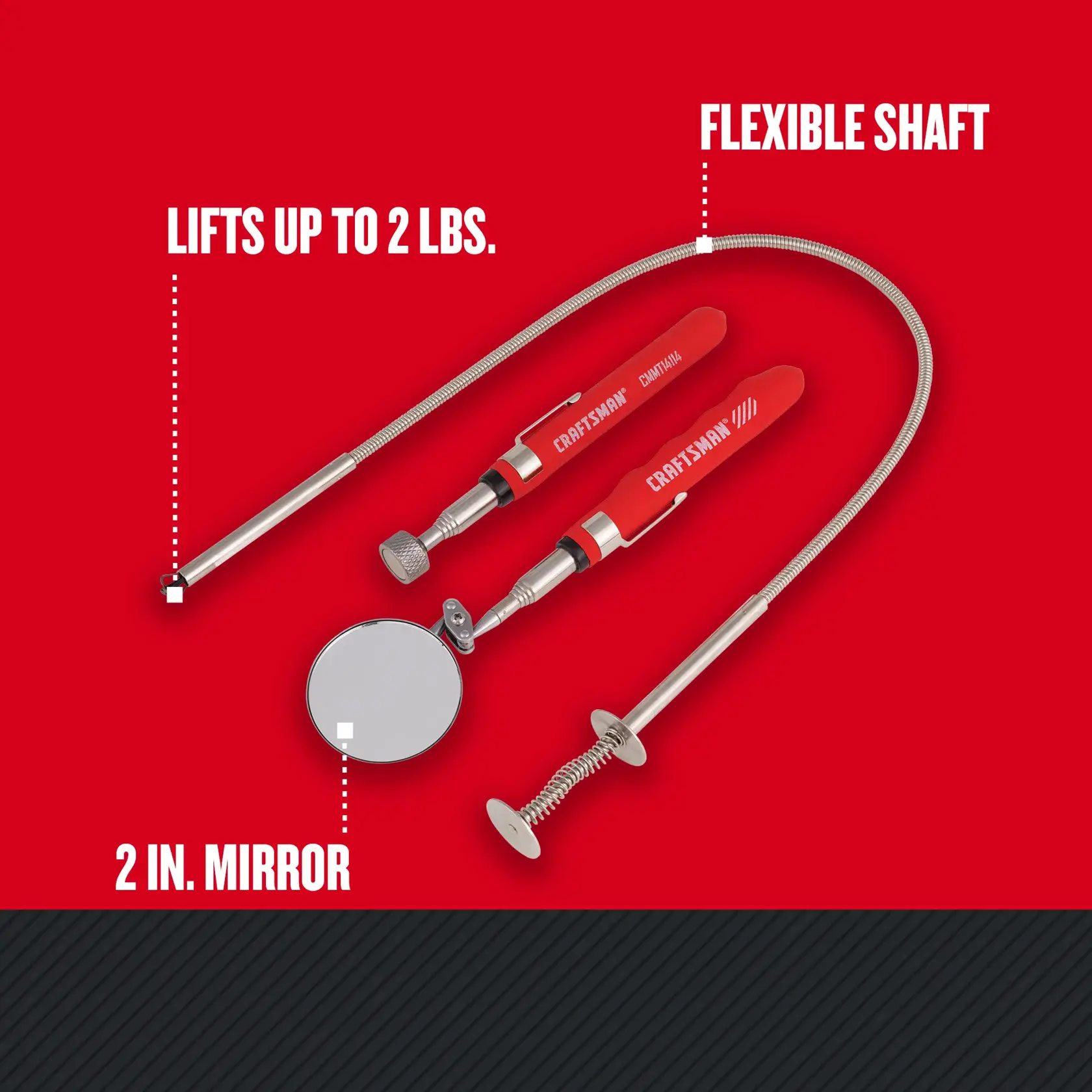 Walk-around graphic highlighting the 2" mirror, flexible shaft, and ability to lift up to 2 lbs.