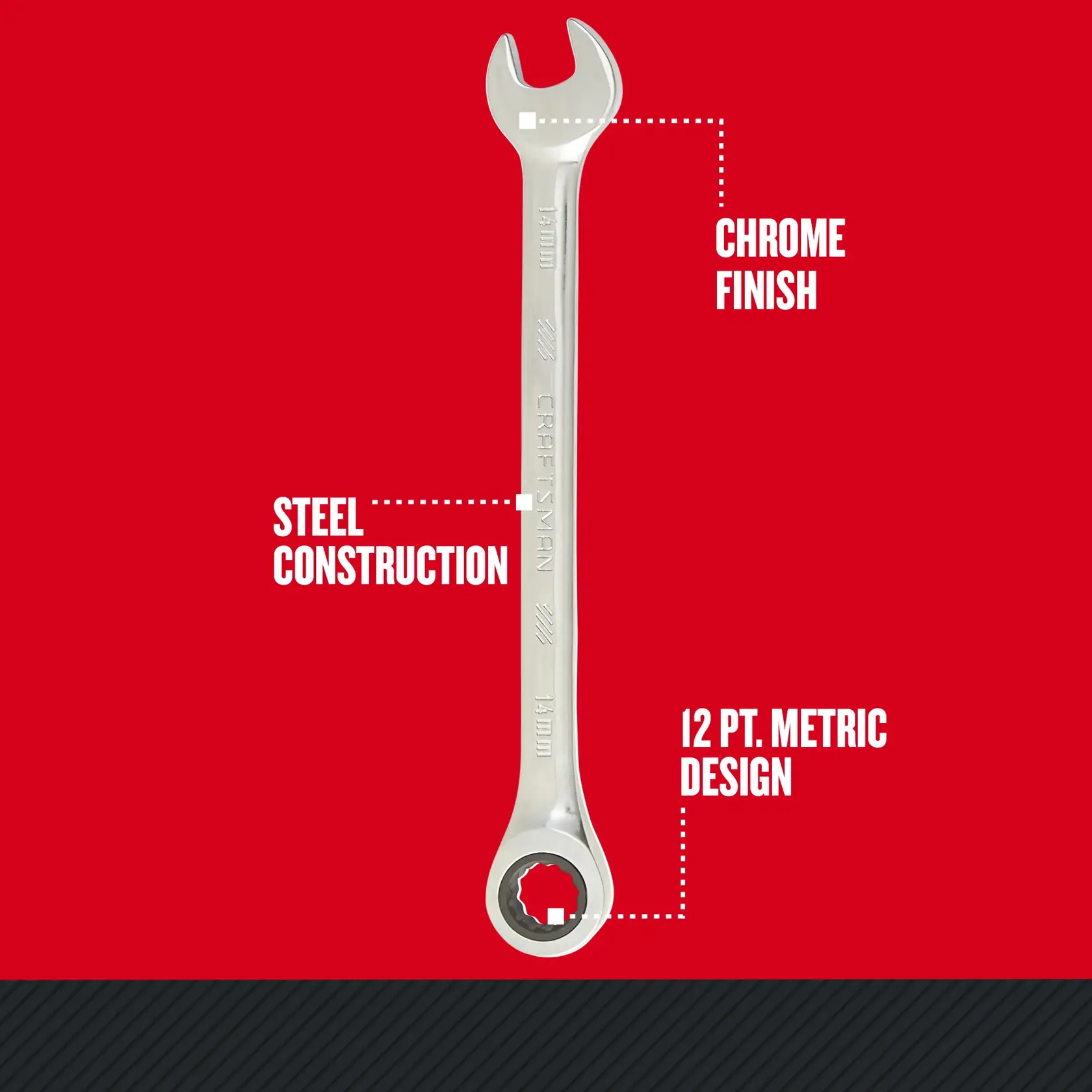 Graphic of CRAFTSMAN Wrenches: Ratchet highlighting product features