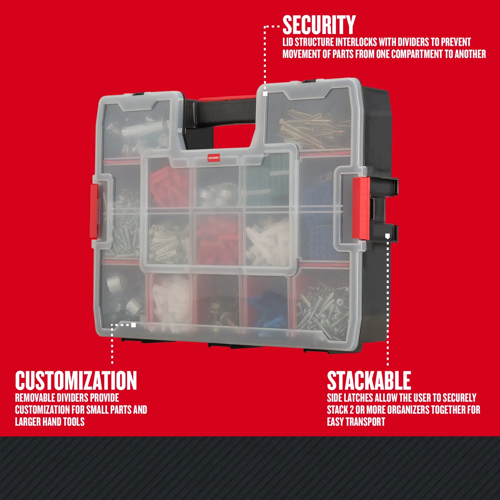 Graphic of CRAFTSMAN Storage: Part Organizers highlighting product features