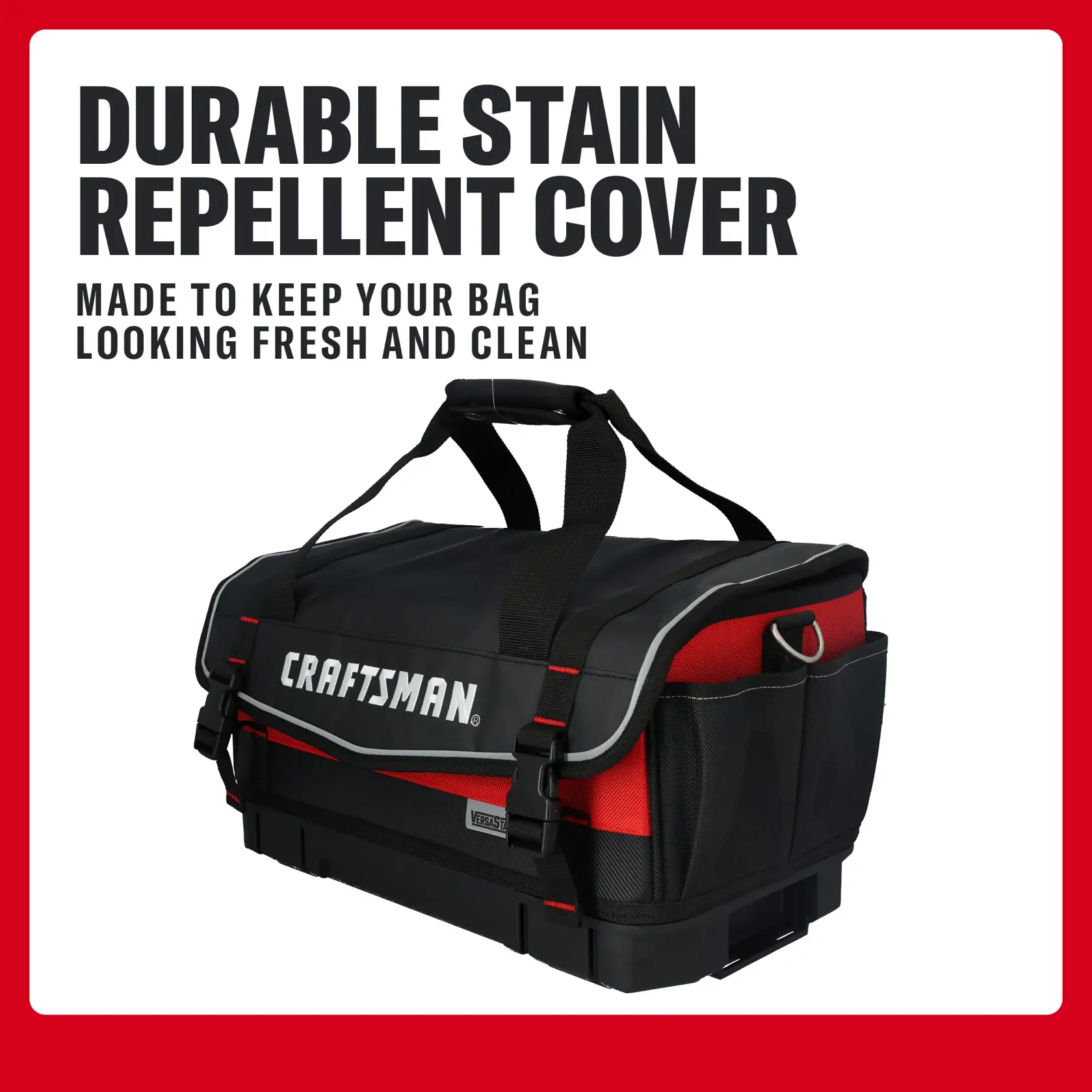 Craftsman CMST17623 tool bag, black and red, with durable stain repellent cover, angled on white background.