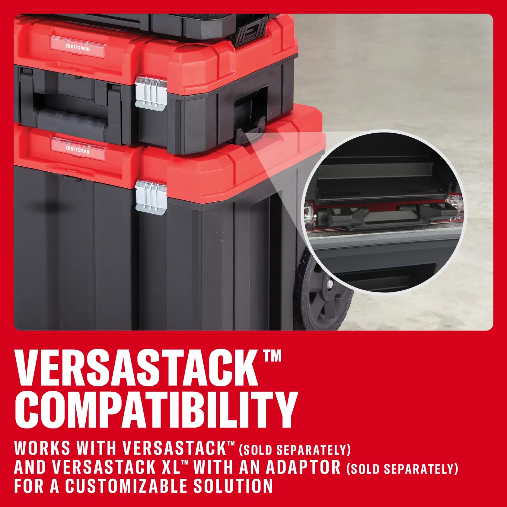 Photo of Craftsman storage boxes, SKU CMST17623, stacked, showing Versastack compatibility on white background angle.