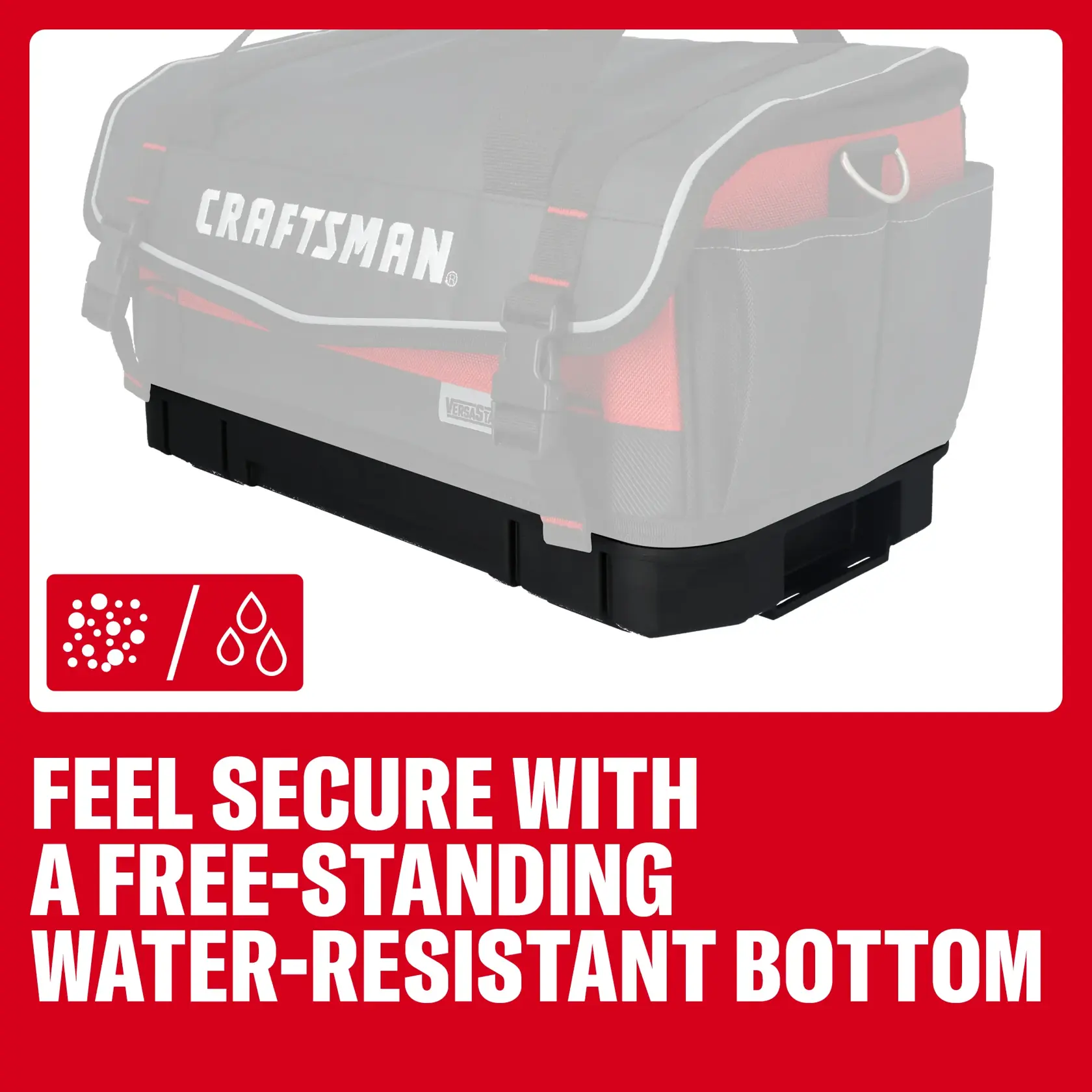 Craftsman tool bag CMST17623 close-up of black water-resistant free-standing bottom, white background.