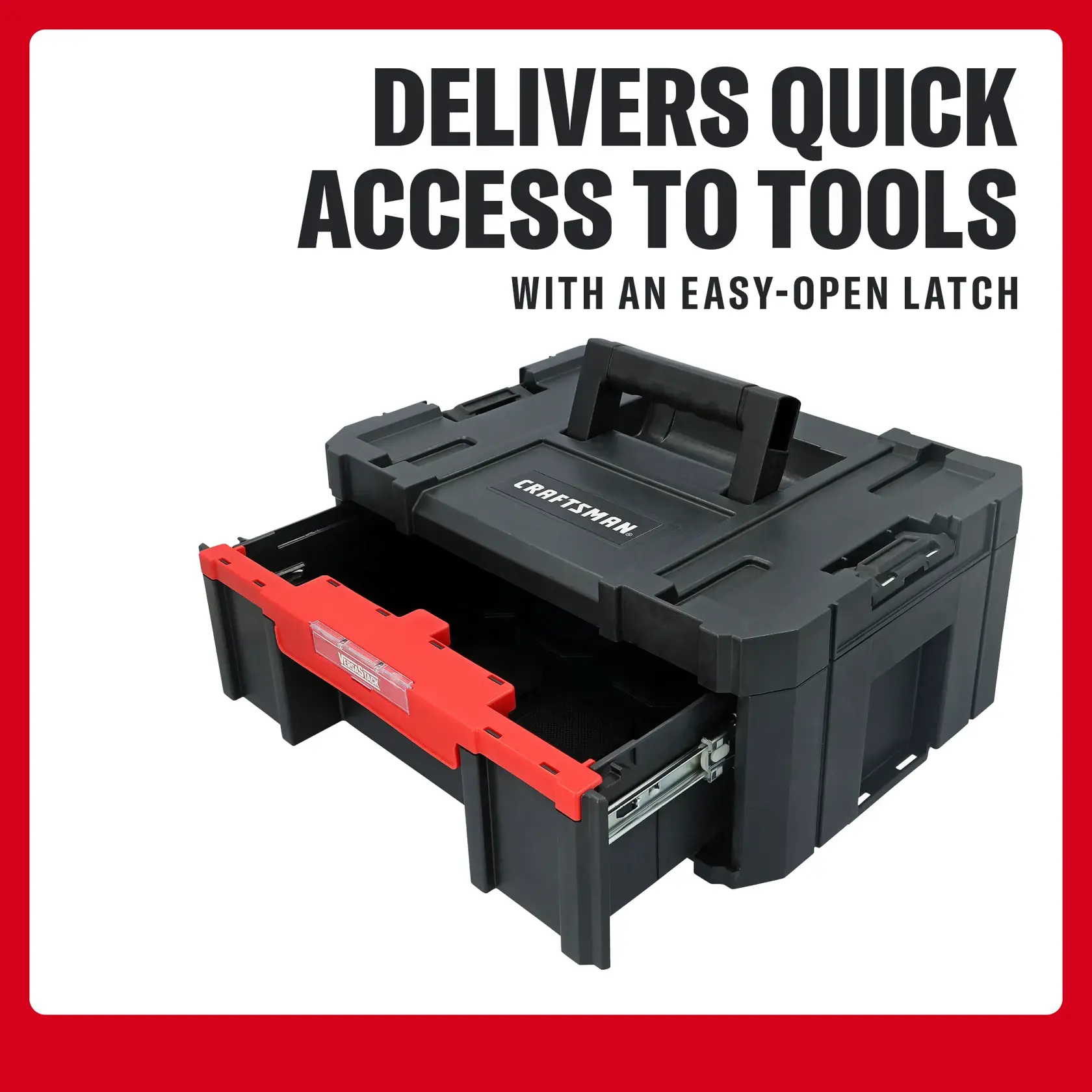 Photo of Craftsman black and red tool box with handle, front drawer open, SKU CMST17803, front angle, white background.