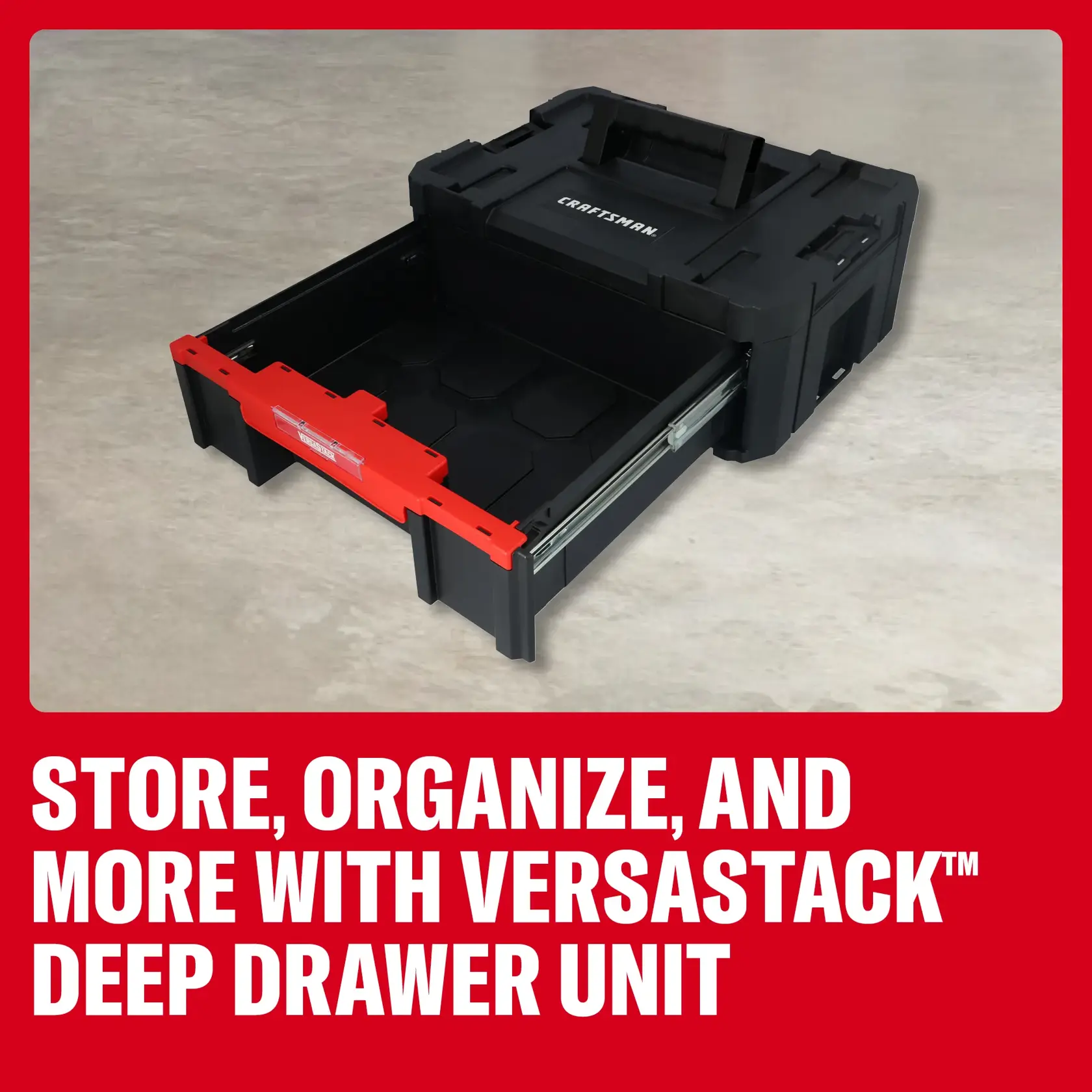 Craftsman CMST17803 black and red Versastack deep drawer unit, angled view on concrete.