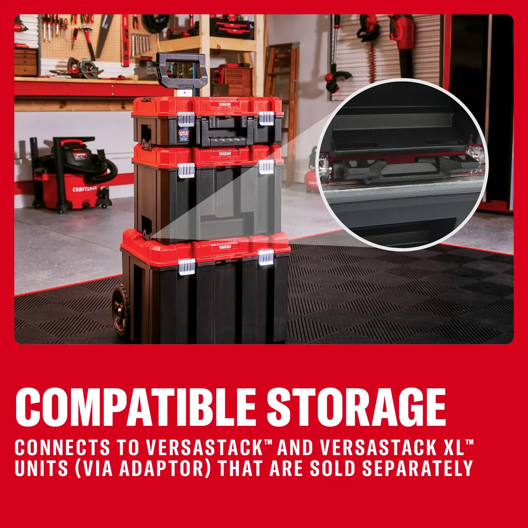 Photo of Craftsman stackable black and red storage boxes with handle, graphics SKU CMST17803, shown in a workshop.