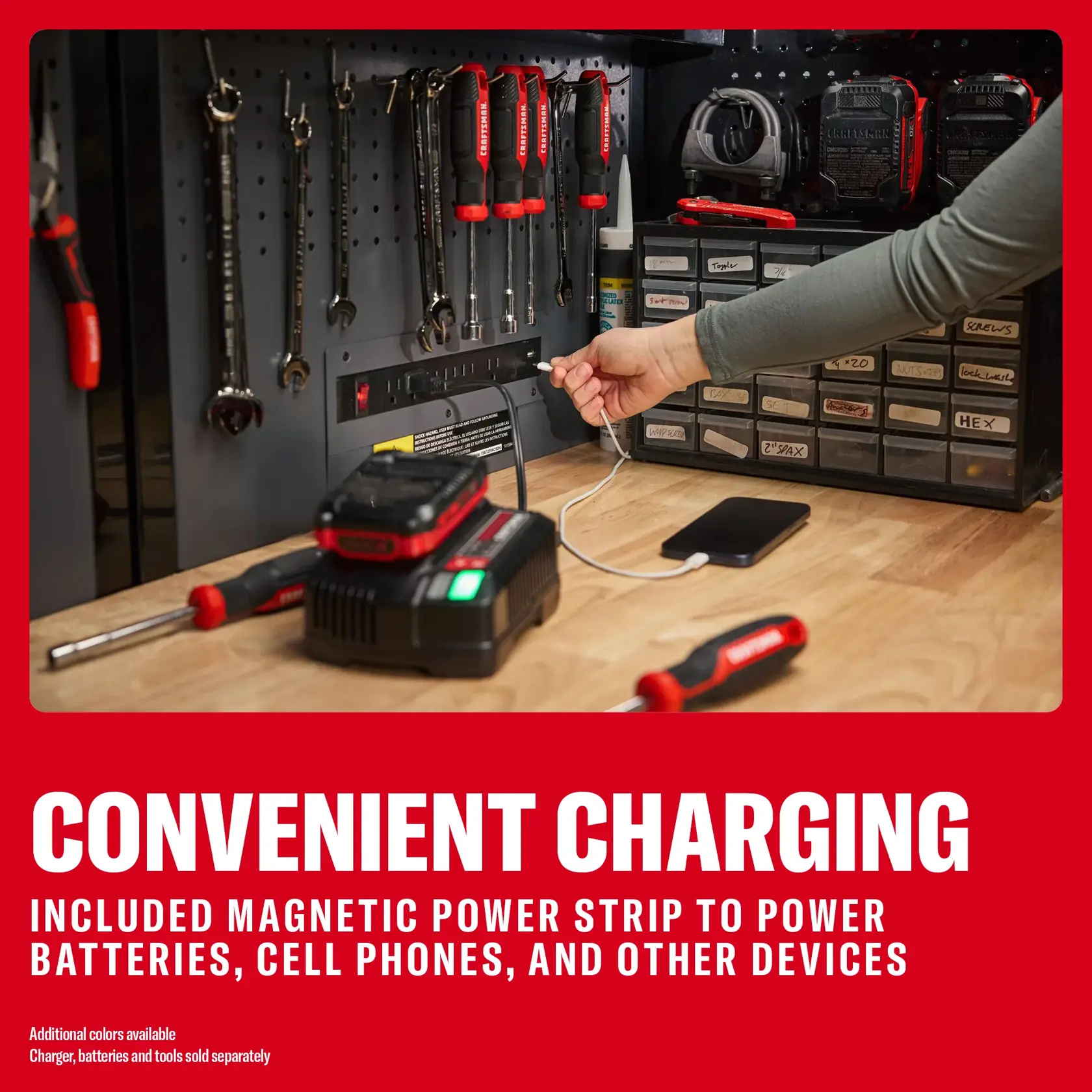 CRAFTSMAN power strip charging tools, phone; SKUs 0-29-808, CMST32600RB, CMST32600BG, CMST32600WB on workbench.