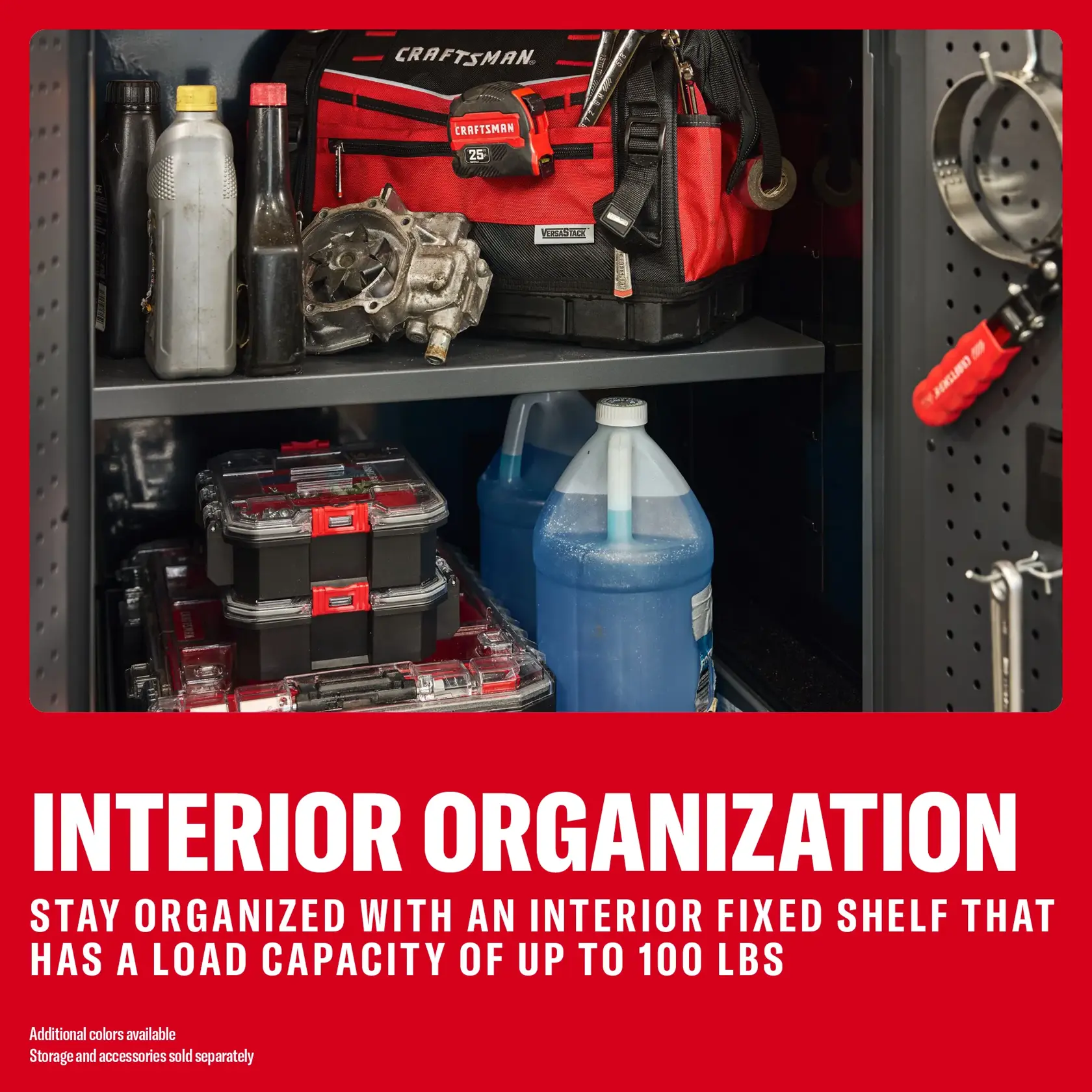 CRAFTSMAN interior shelf with tools and bottles. SKUs: 0-29-808, CMST32602RB, CMST32602BG, CMST32602WG.
