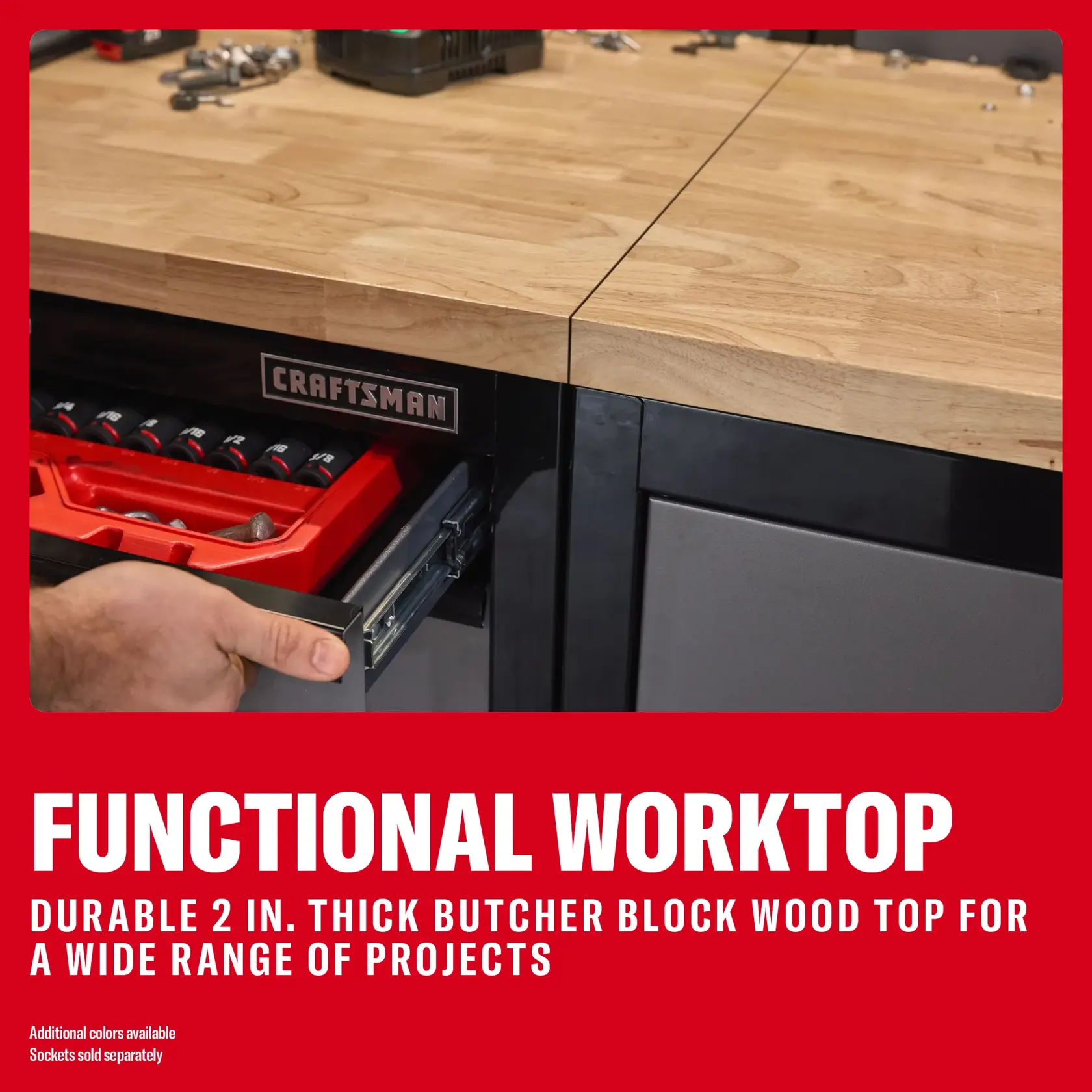 CRAFTSMAN wood worktop with drawer. Graphics. SKUs: 0-29-808, CMST32603WG, CMST32603RB, CMST32603BG.