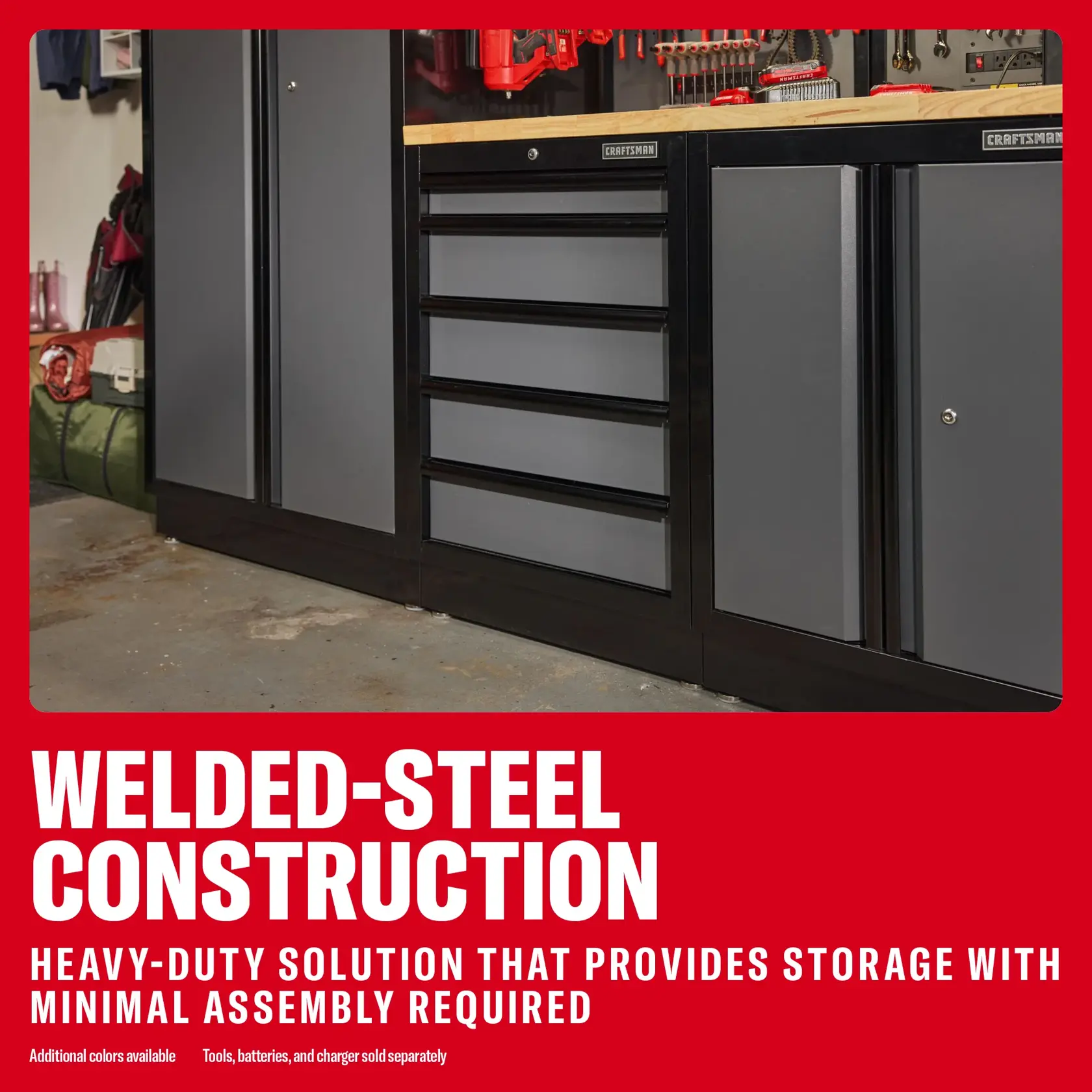 CRAFTSMAN welded-steel storage cabinets, SKUs 0-29-808, CMST32603WG, CMST32603RB, CMST32603BG, in a garage.