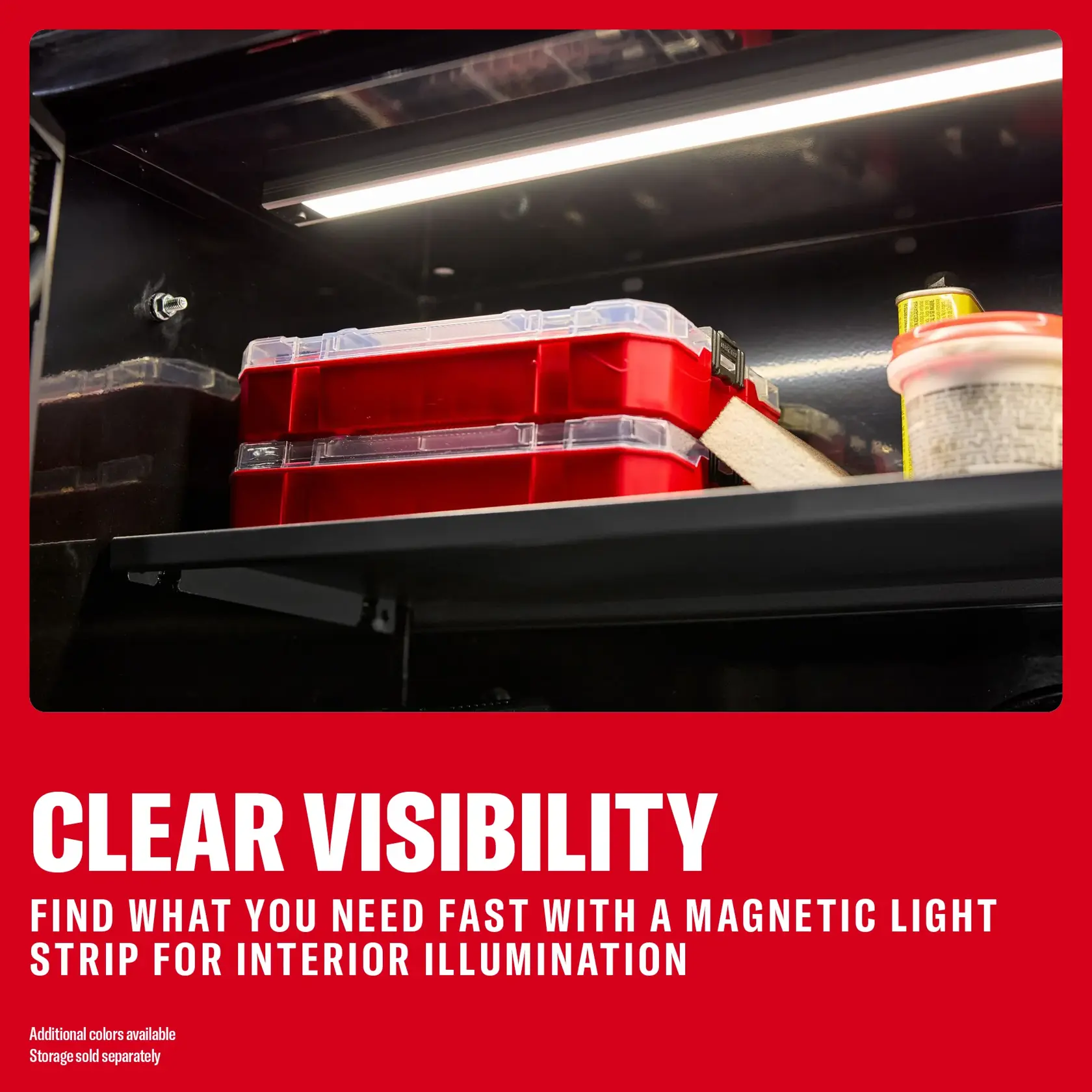 CRAFTSMAN cabinet with light strip for visibility. SKUs: 0-29-808, CMST32615WG, CMST32615RB, CMST32615BG.