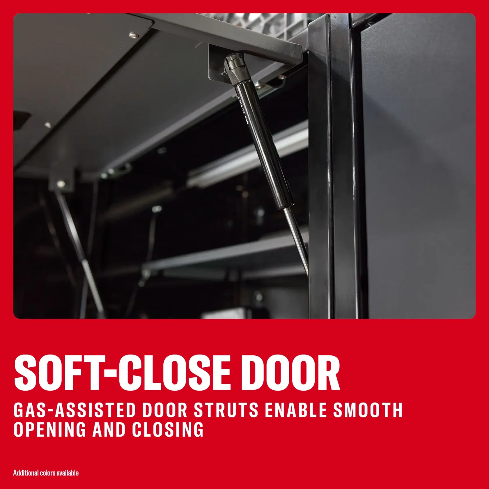 CRAFTSMAN soft-close door with gas struts. SKUs: 0-29-808, CMST32616WG, CMST32616BG, CMST32616RB.