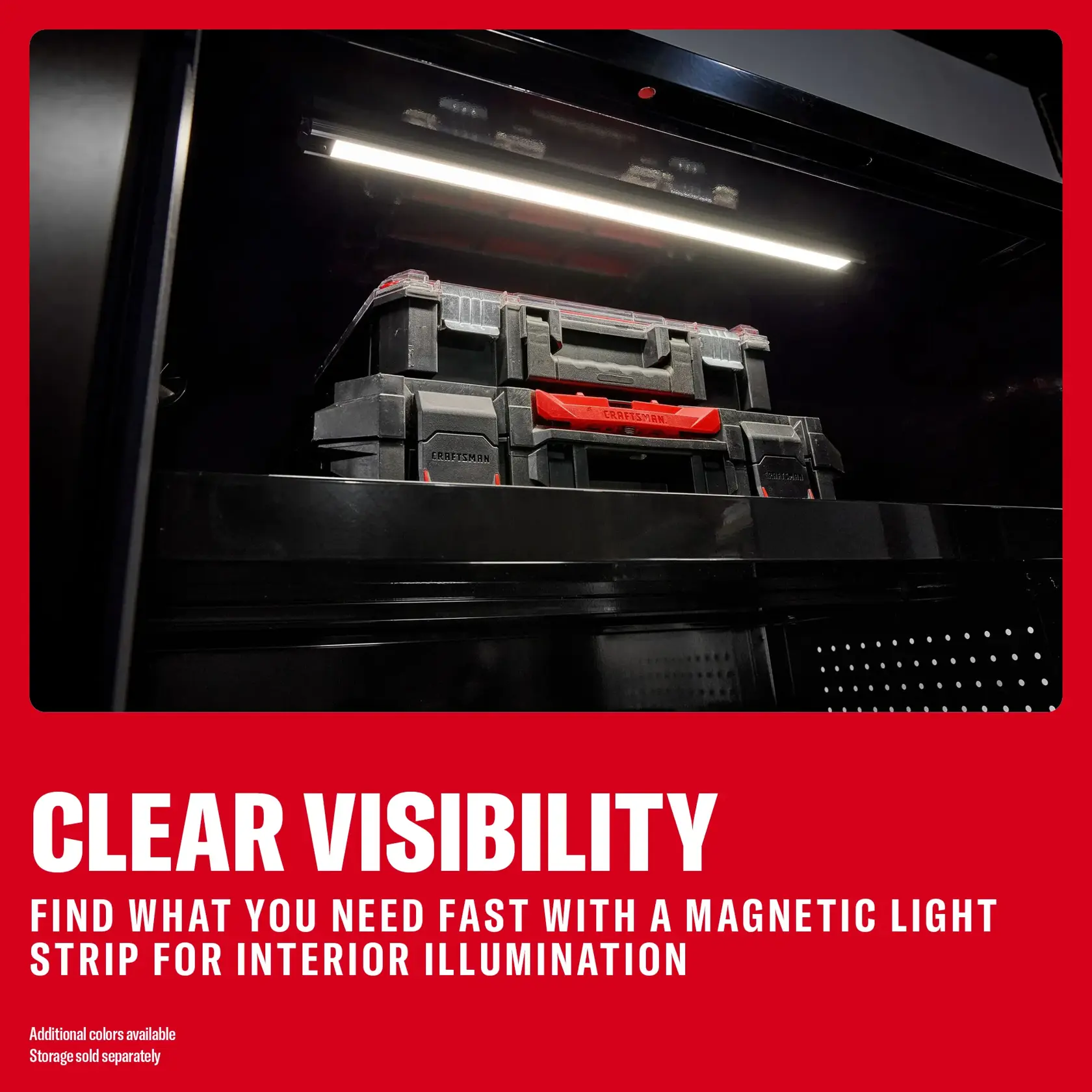 CRAFTSMAN storage shown with light, SKUs 0-29-808, CMST33680WG, CMST33680RB, CMST33680BG. Interior illumination.