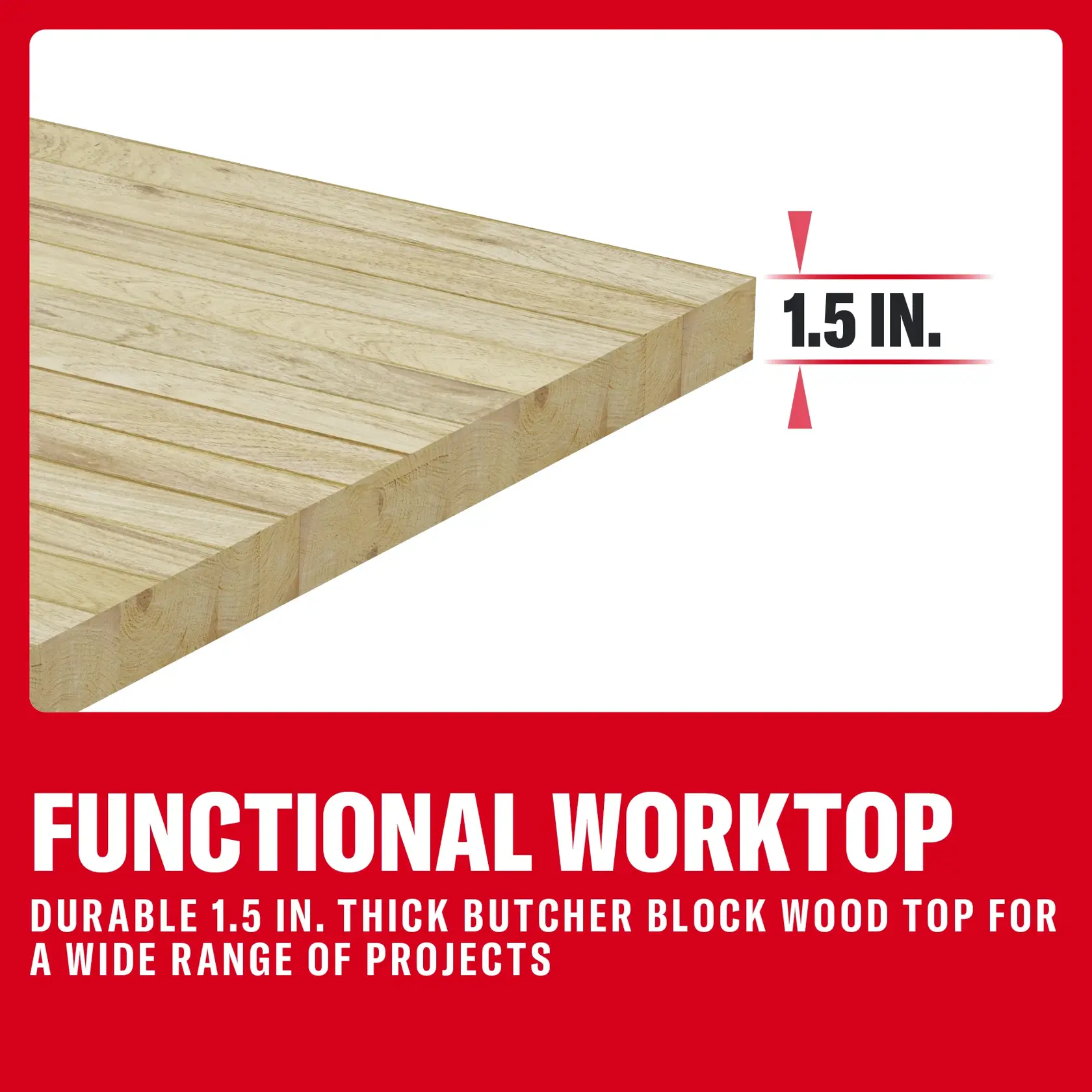 2-inch thick butcher block wood worktop shown, suitable for various projects.