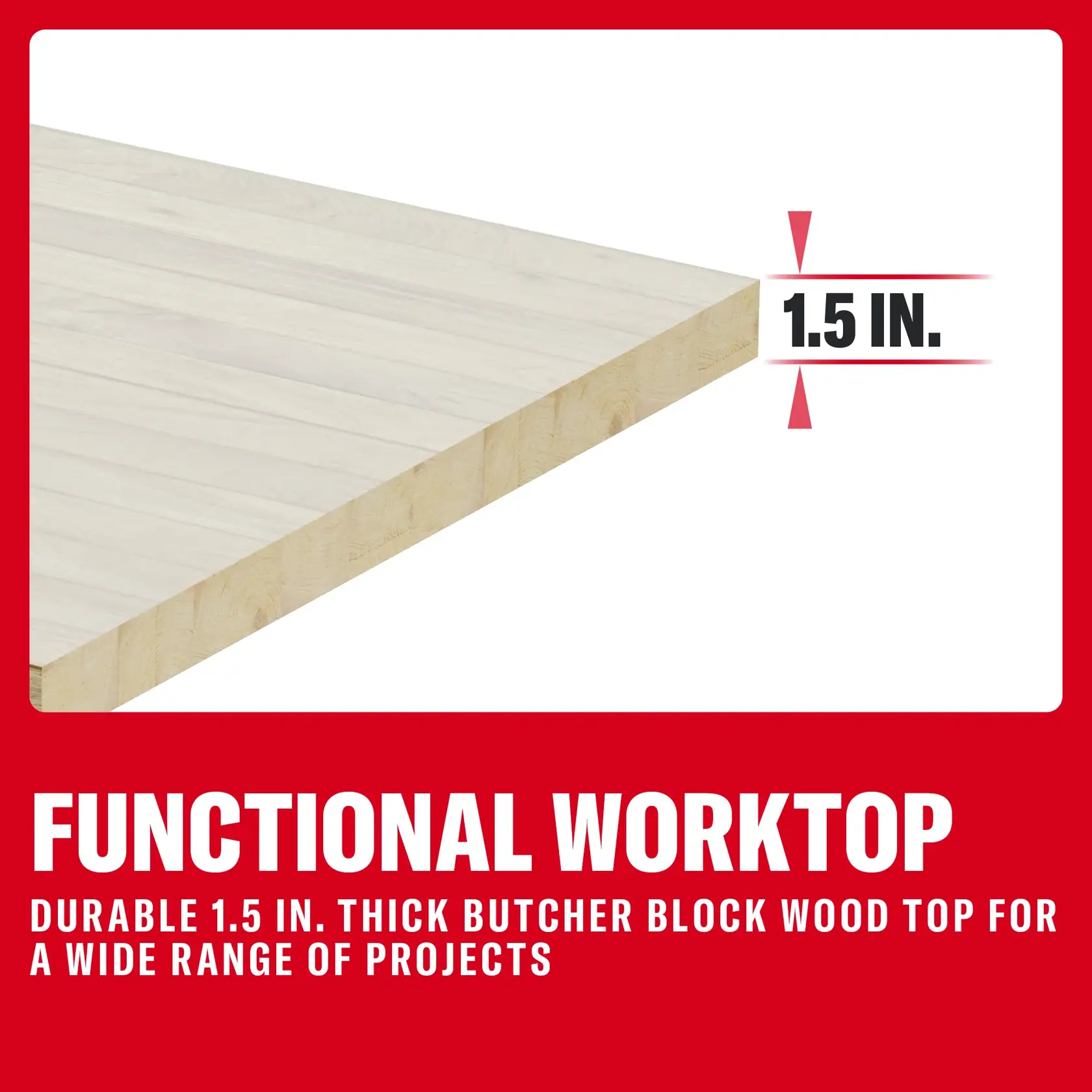 CRAFTSMAN worktop with 2 inch thick butcher block wood, suitable for many projects, shown with measurement.