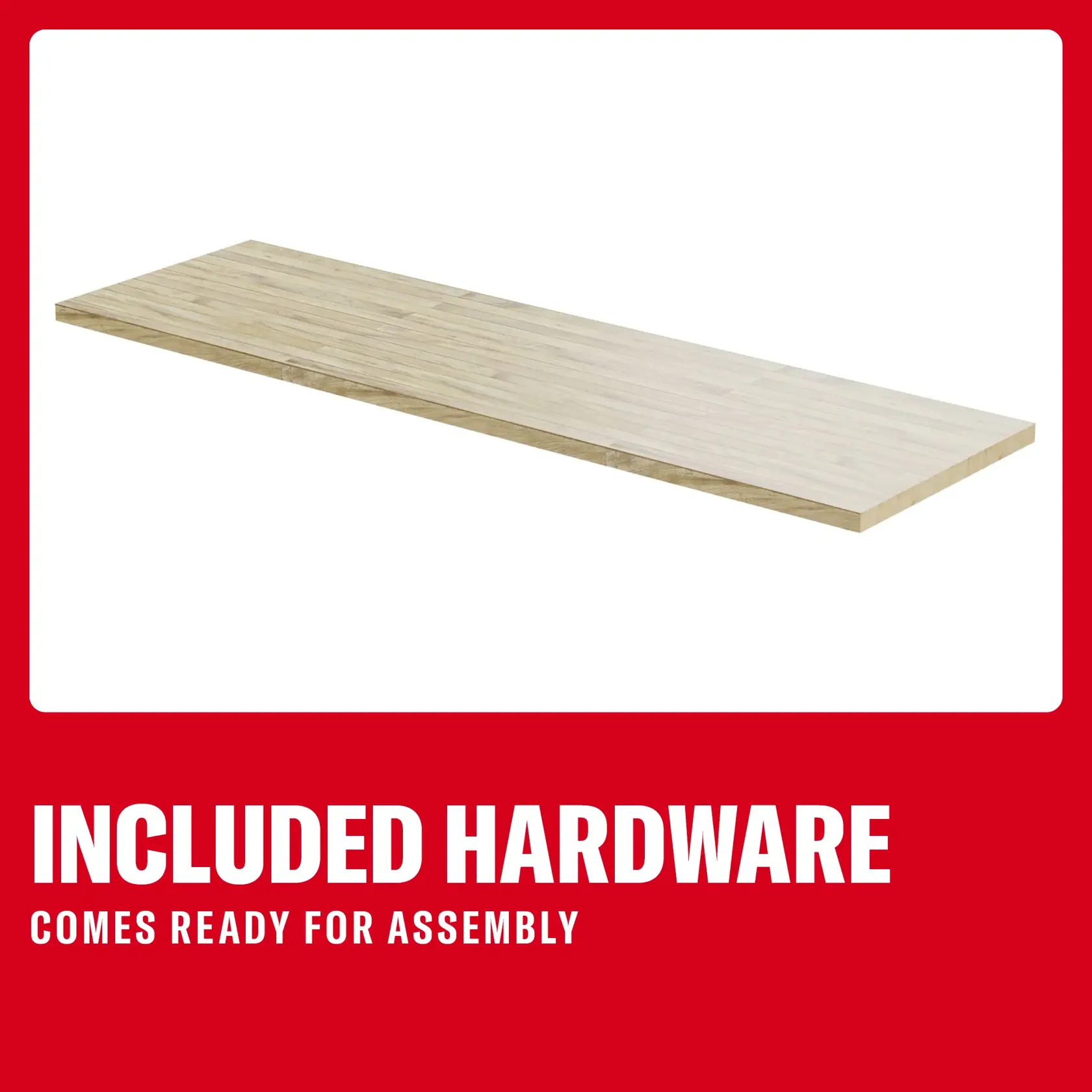 Wooden rectangular shelf with included hardware, ready for assembly, shown on a red background.