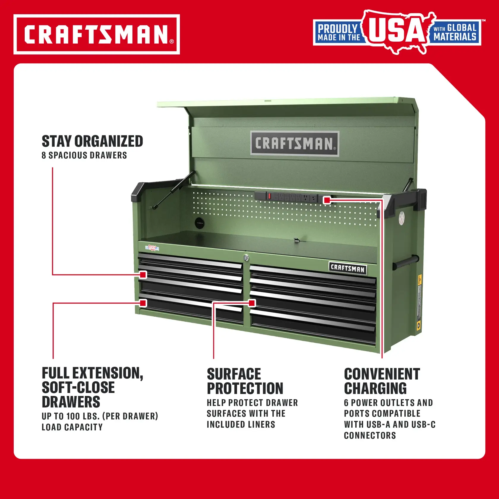 Green CRAFTSMAN tool chest with 8 drawers, outlets, USB ports, and liners. Made in USA with global materials.