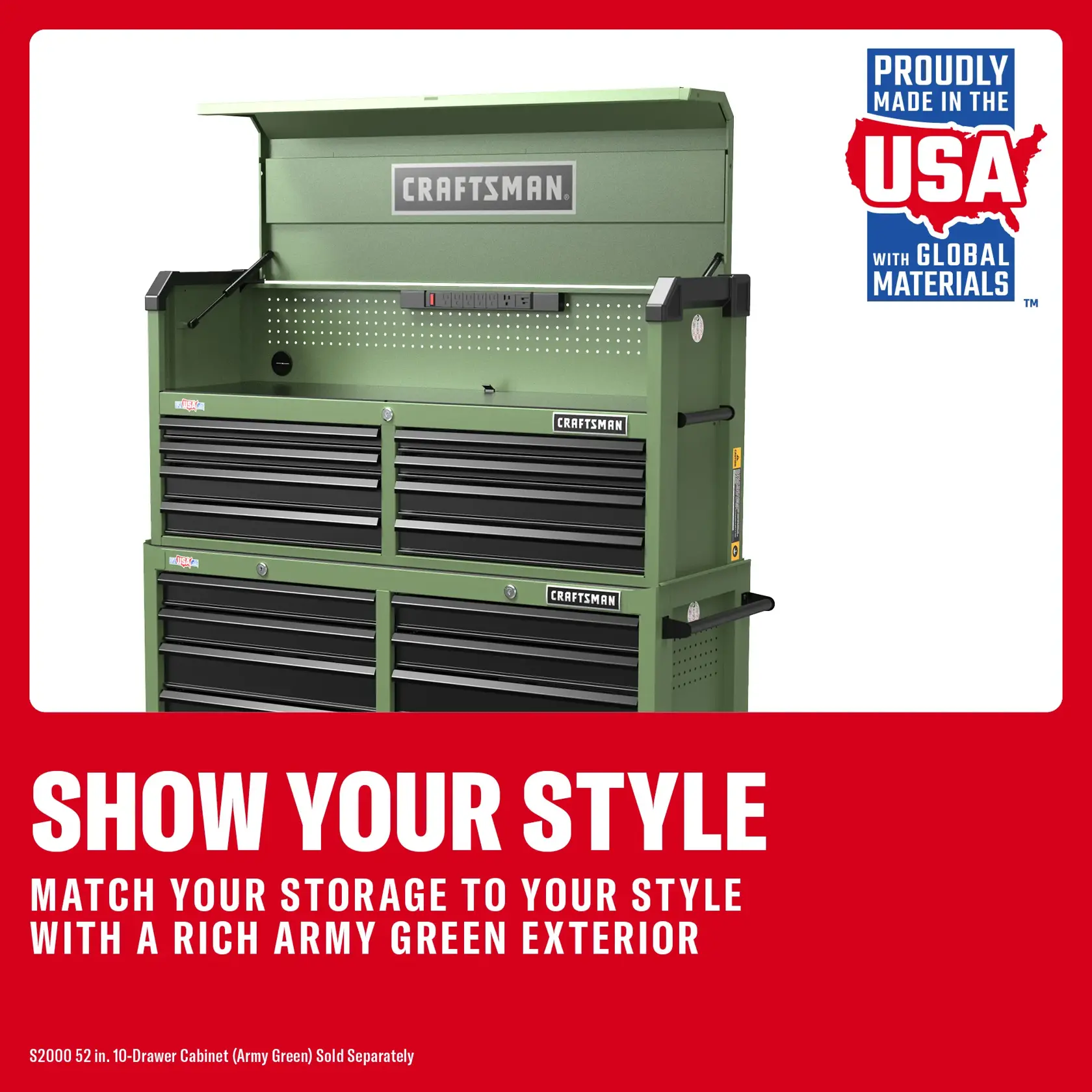 Army green Craftsman tool cabinet with multiple drawers, open top, and USA-made badge on red background.