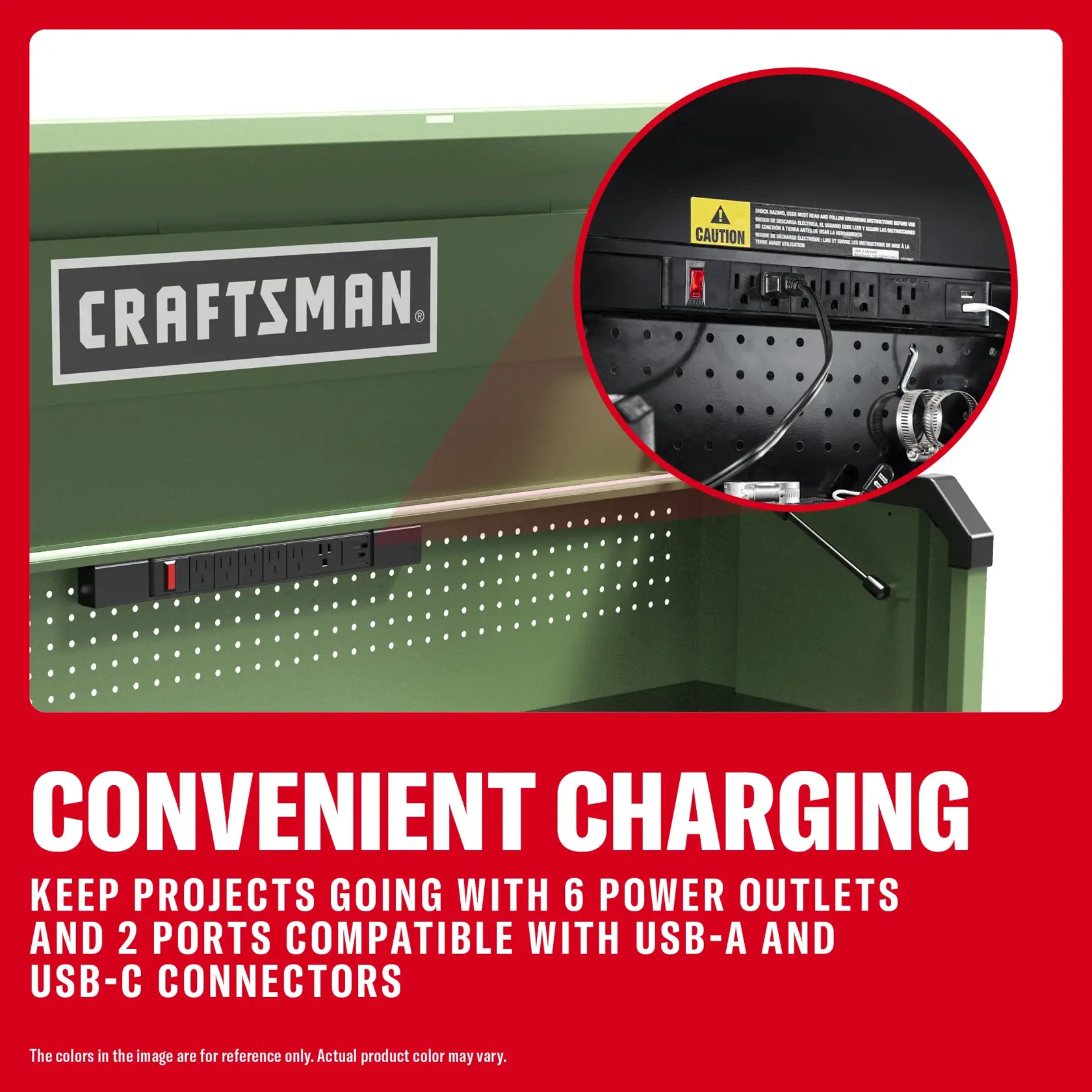 Green CRAFTSMAN workbench with a built-in power strip featuring 6 outlets plus USB-A and USB-C ports for charging.
