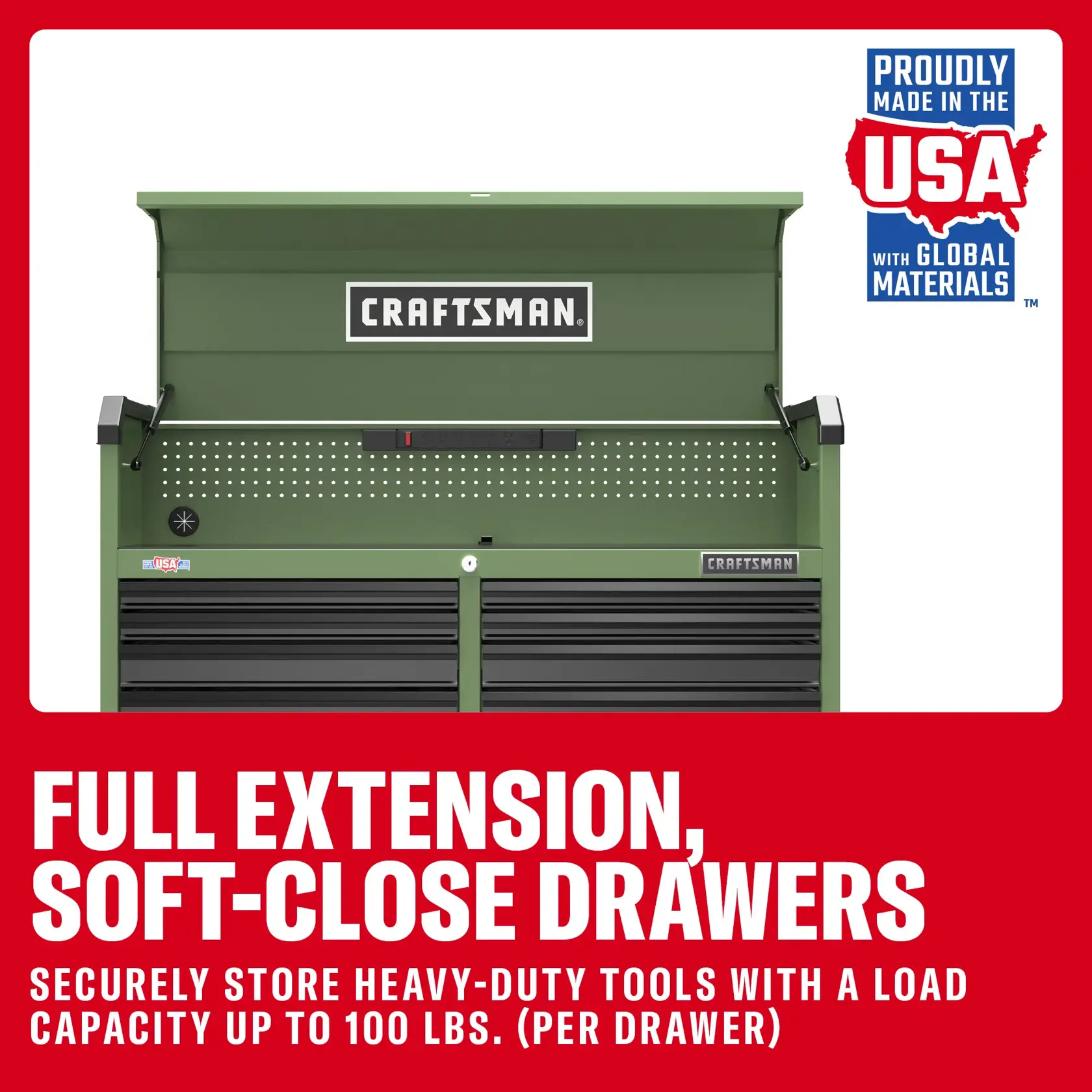 Green Craftsman tool chest with full extension, soft-close drawers for heavy-duty tools. Made in USA.