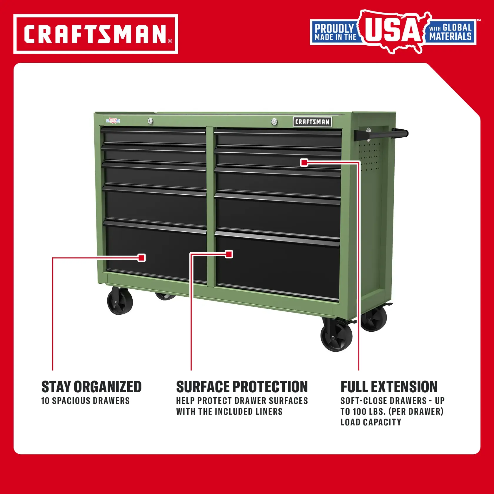 Green CRAFTSMAN tool chest with 10 drawers, surface liners, wheels, and USA-made branding.