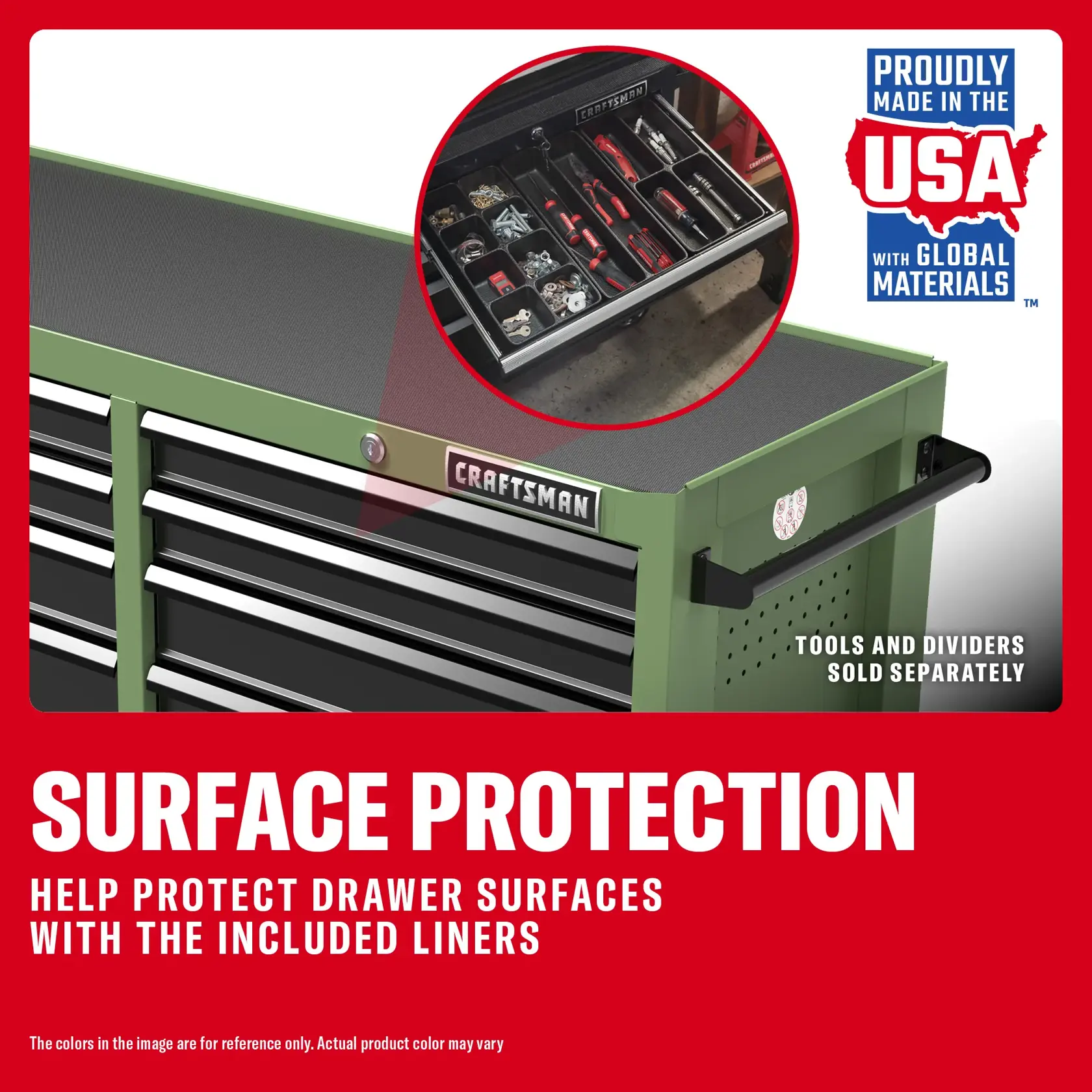Green Craftsman tool chest with liners for drawer surface protection; tools and dividers sold separately.