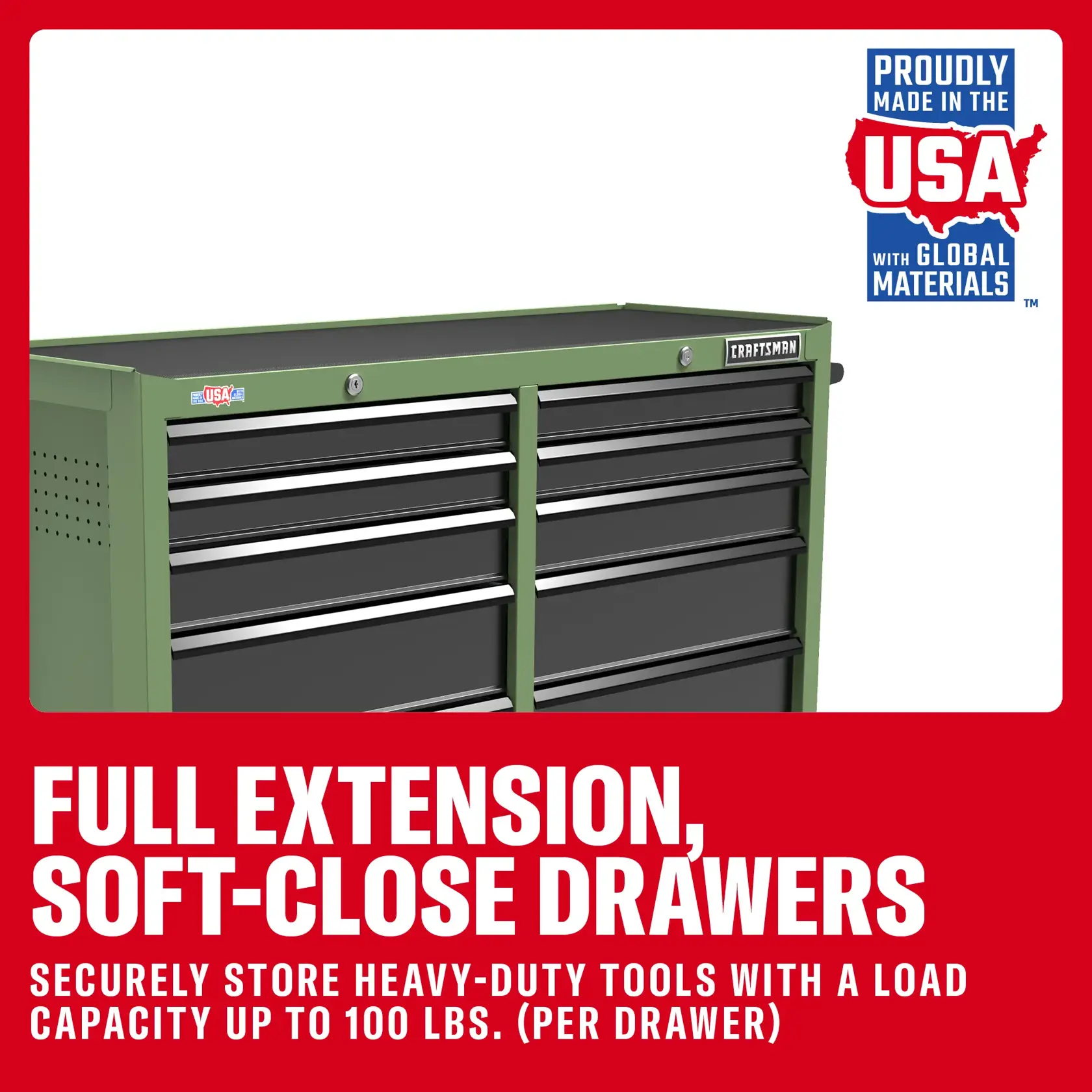 Green CRAFTSMAN tool chest with full extension, soft-close drawers. Made in USA. Stores tools up to 100 lbs per drawer.