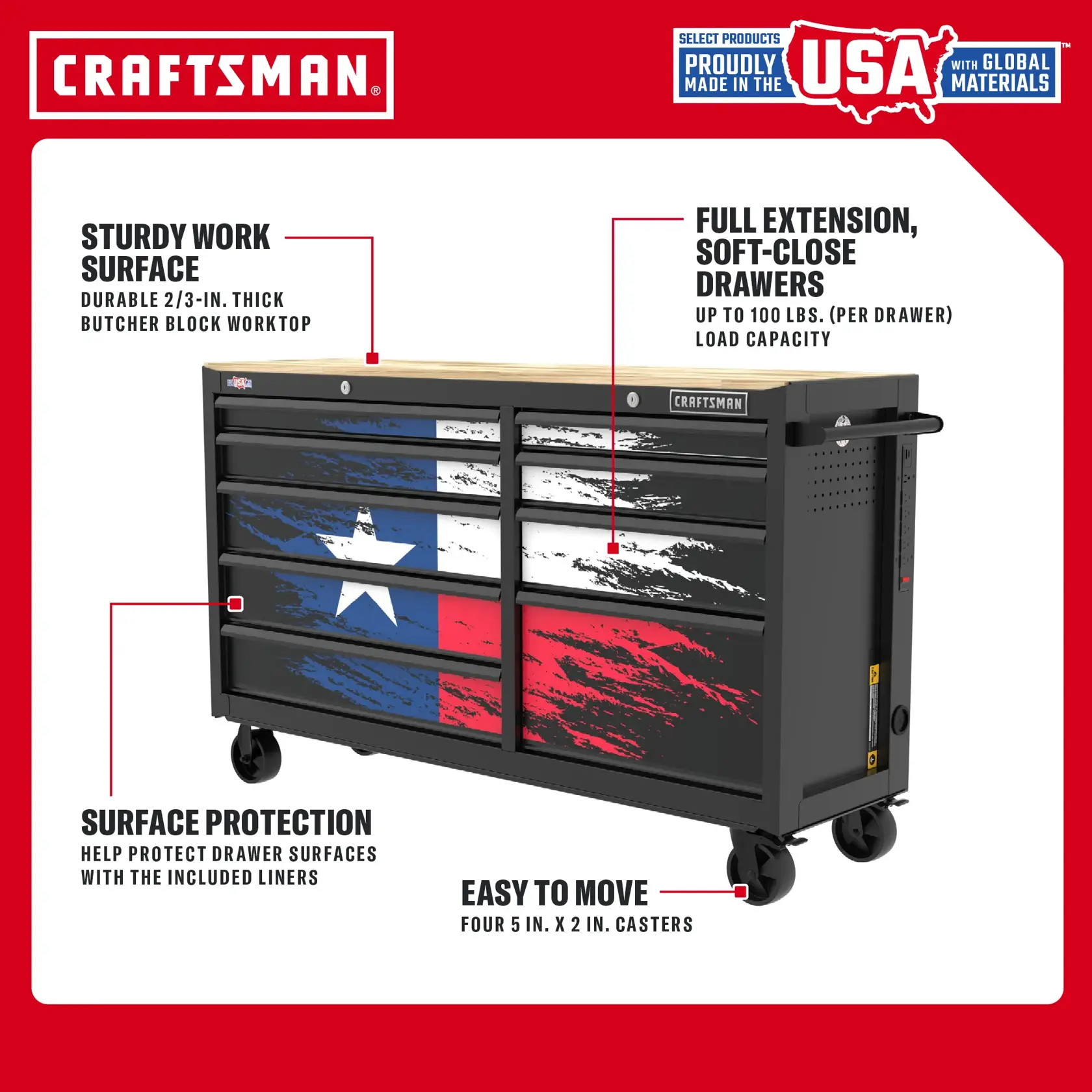 CRAFTSMAN tool chest with Texas flag design, butcher block top, soft-close drawers, liners, and caster wheels.