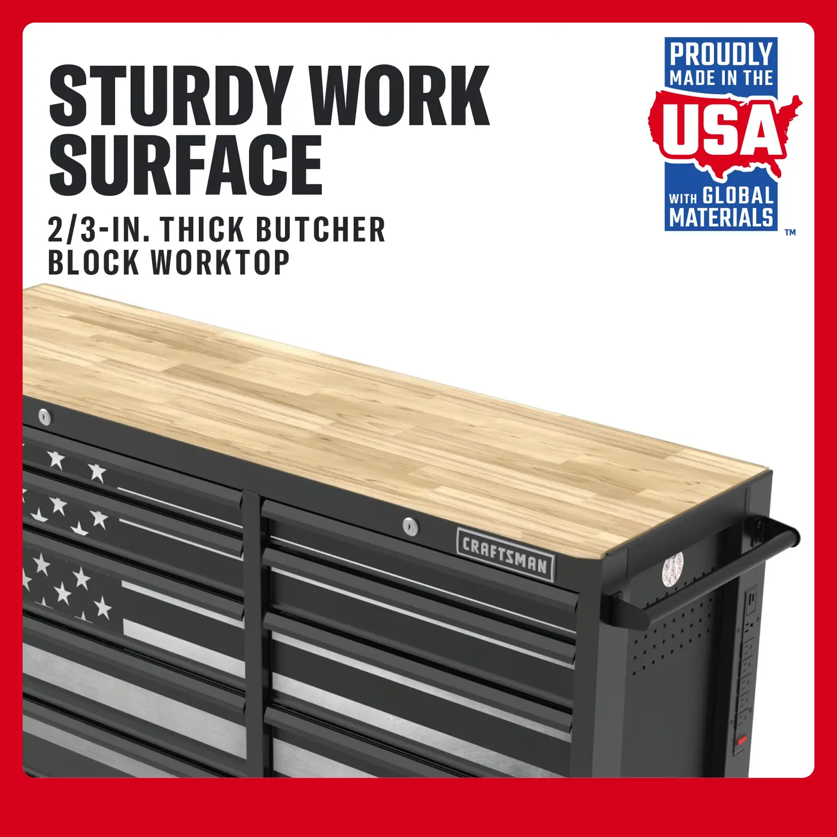 Photo of Craftsman CMST98285P graphics workbench with thick butcher block wood top, American flag motif drawers.